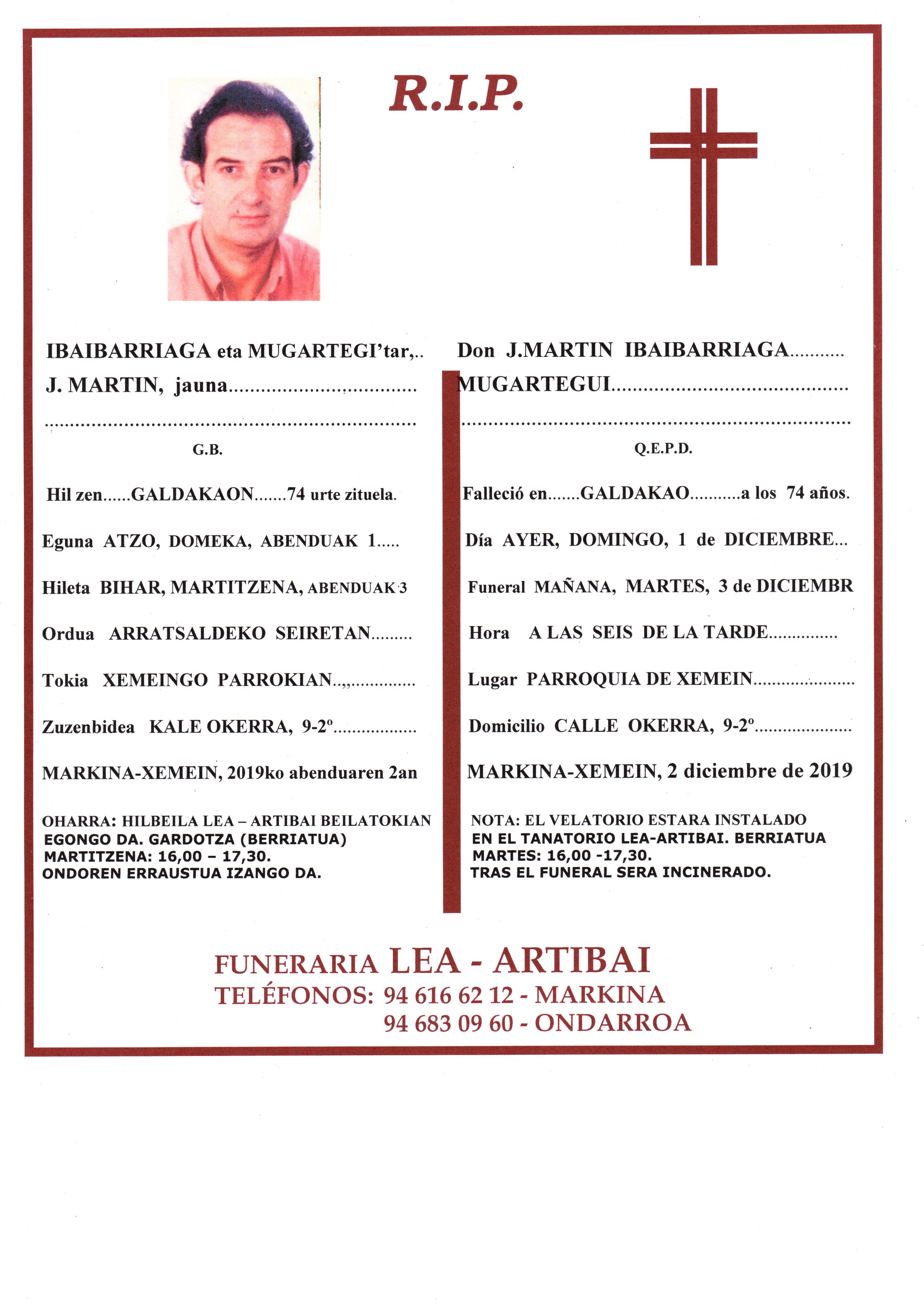 Esquela de J. Martin Ibaibarriaga Mugartegi