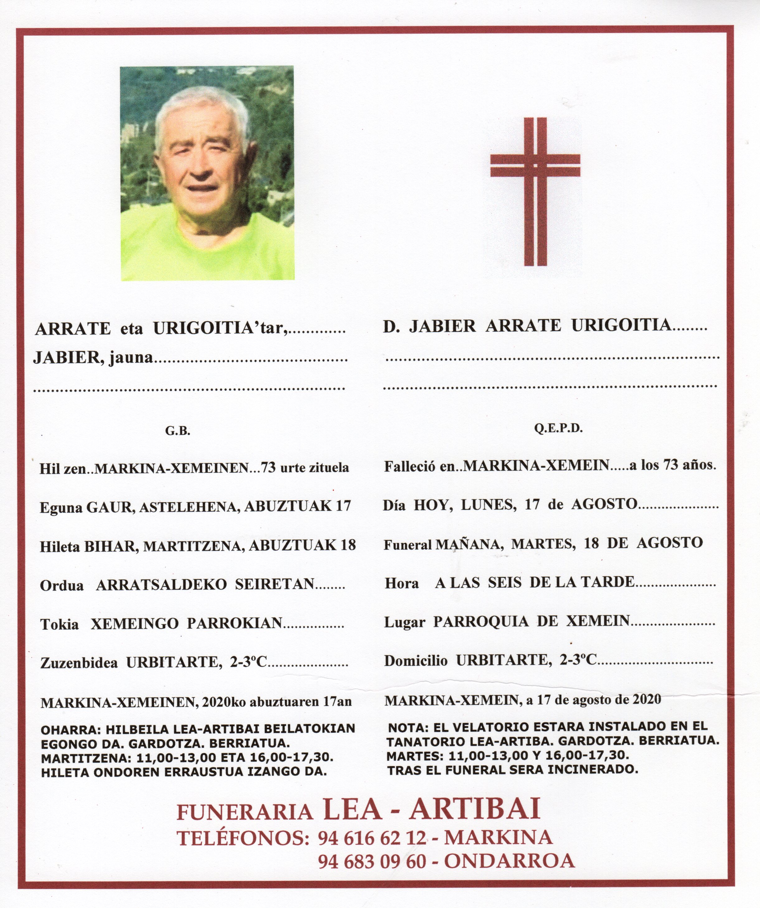 Esquela de Jabier Arrate Urigoitia