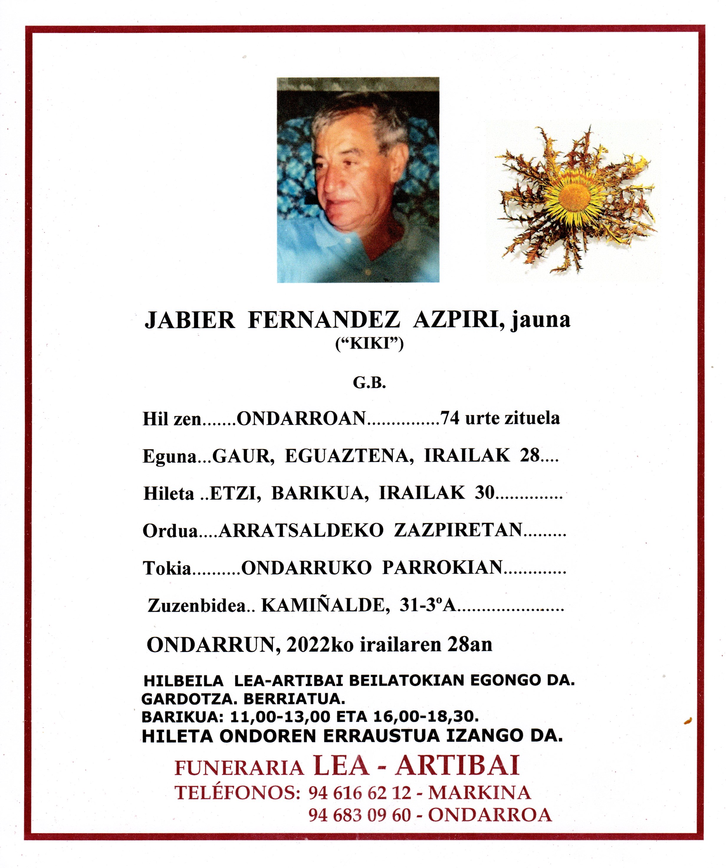 Esquela de Javier Fernandez Azpiri