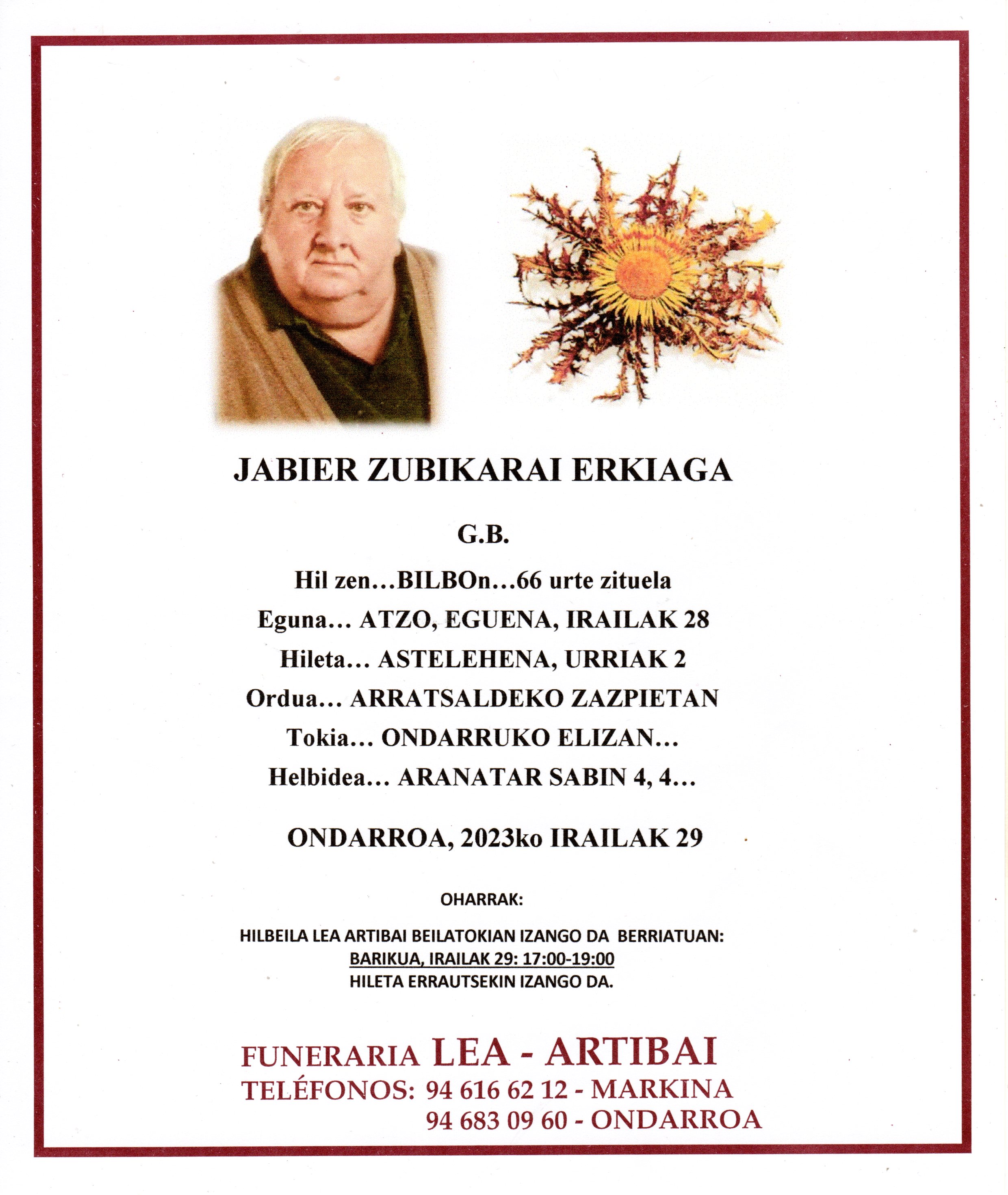 Esquela de Jabier Zubikarai Erkiaga