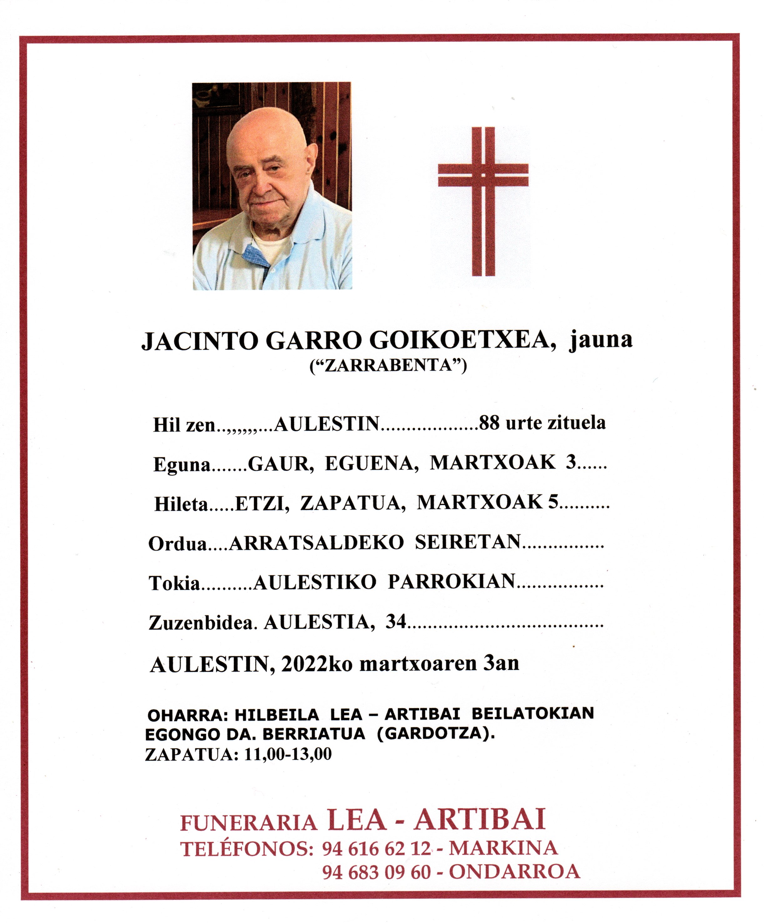 Esquela de Jacinto Garro Goikoetxea