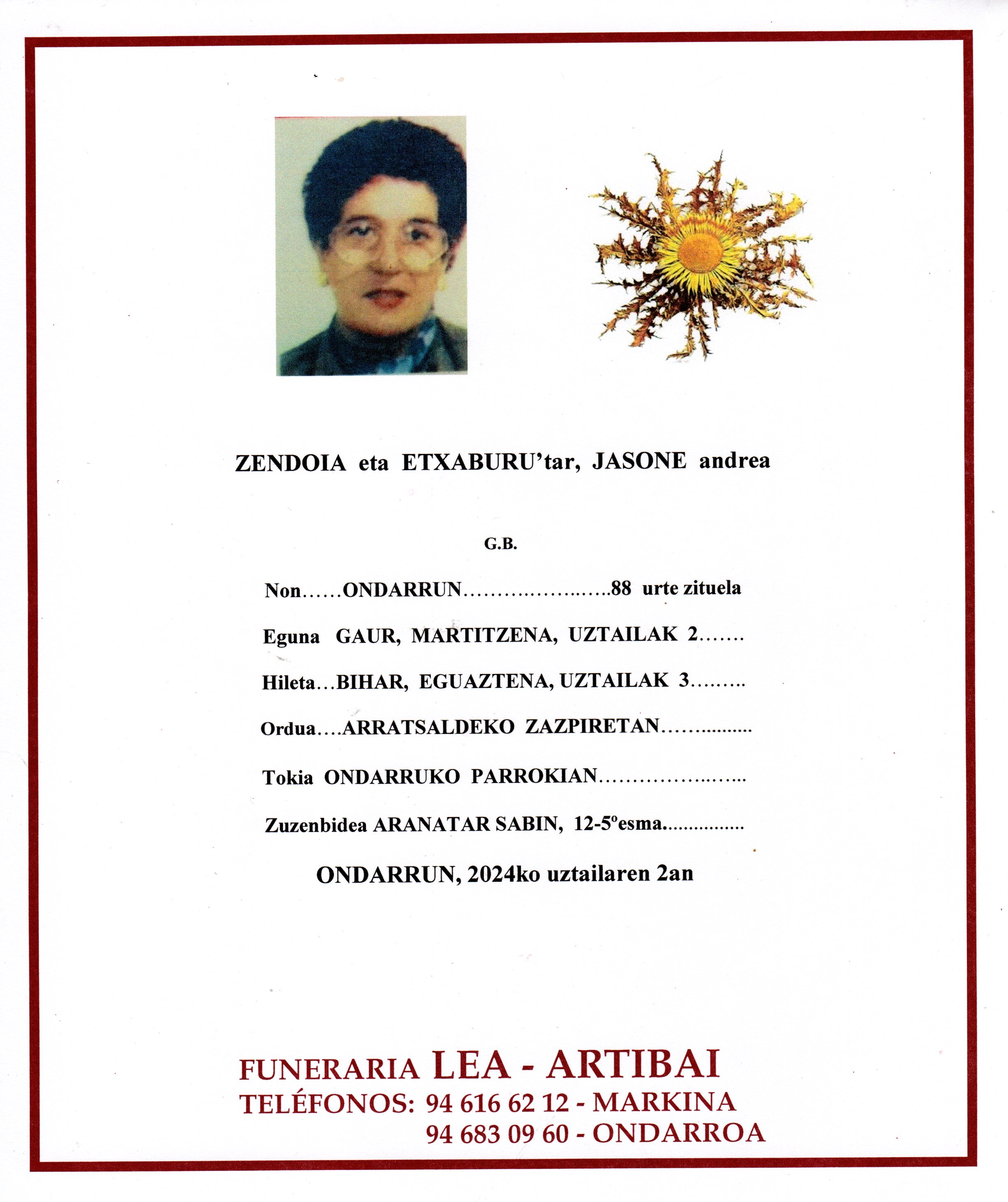 Esquela de Jasone Zendoia Etxaburu