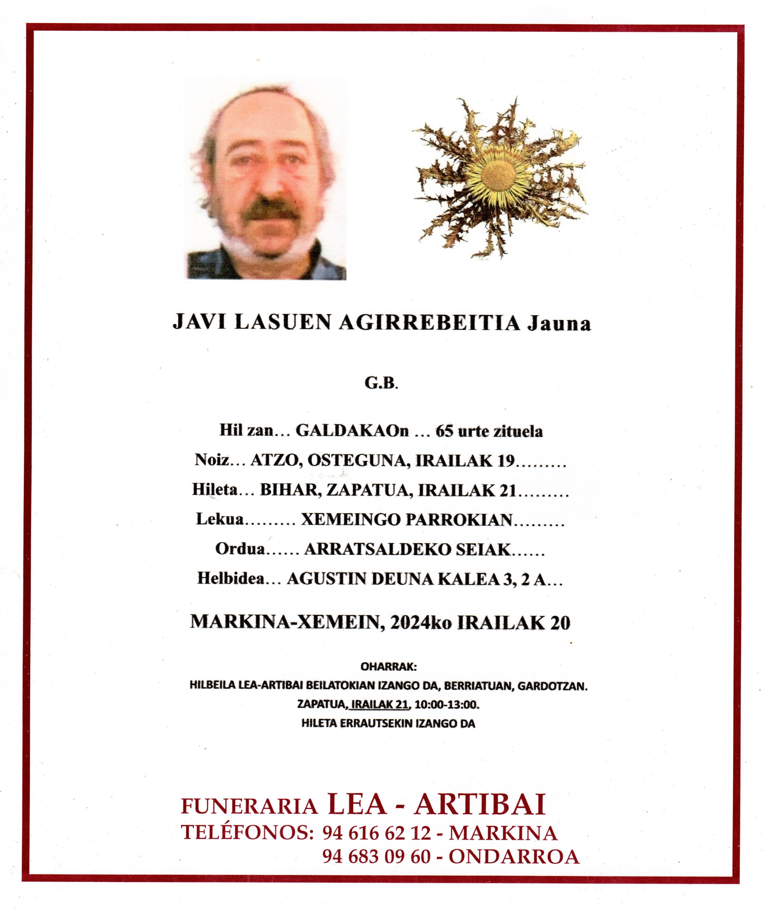 Esquela de Javi Lasuen Agirrebeitia