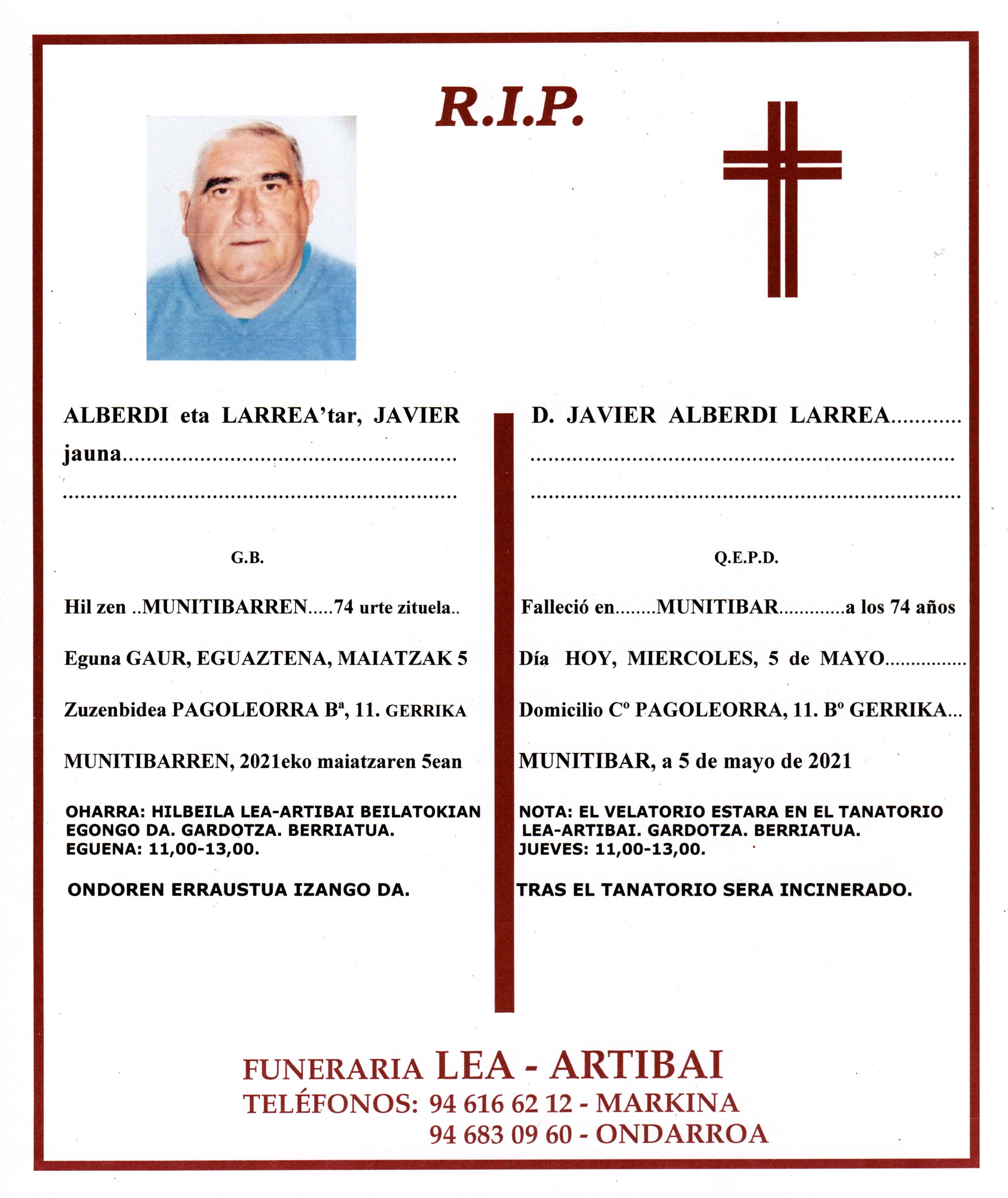 Esquela de Javier Alberdi Larrea