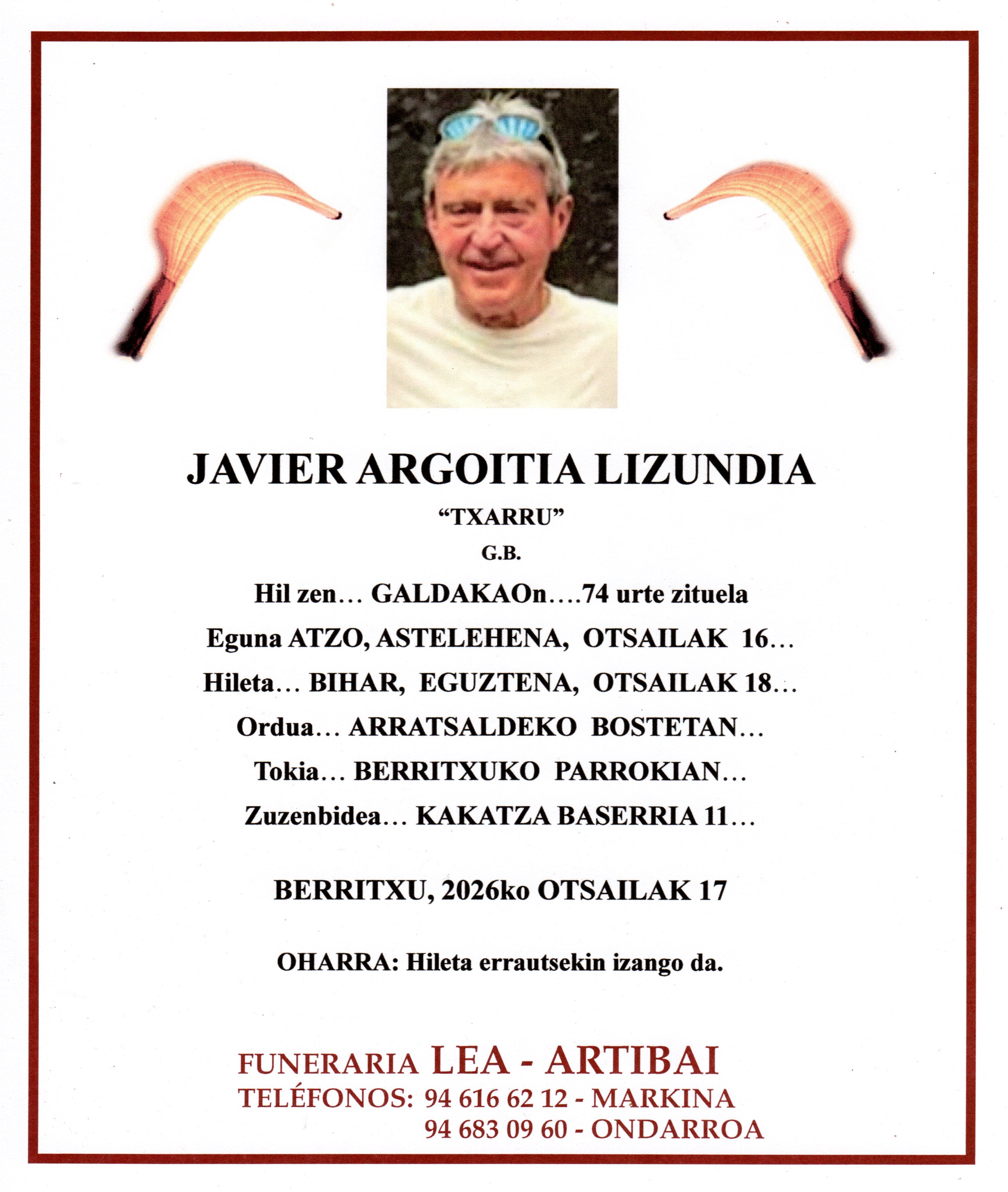 Esquela de Javier Argoitia Lizundia