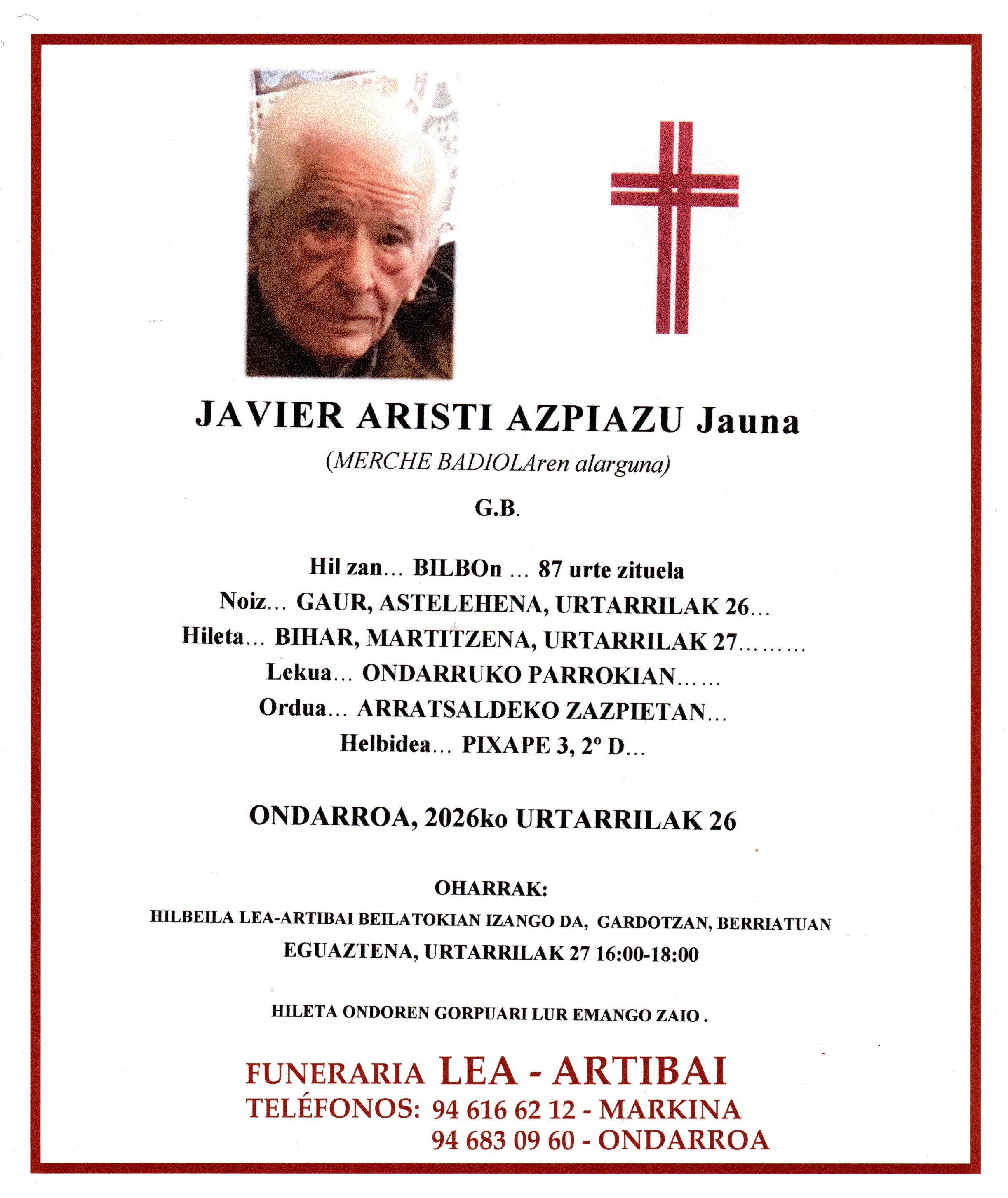 Esquela de Javier Aristi Azpiazu