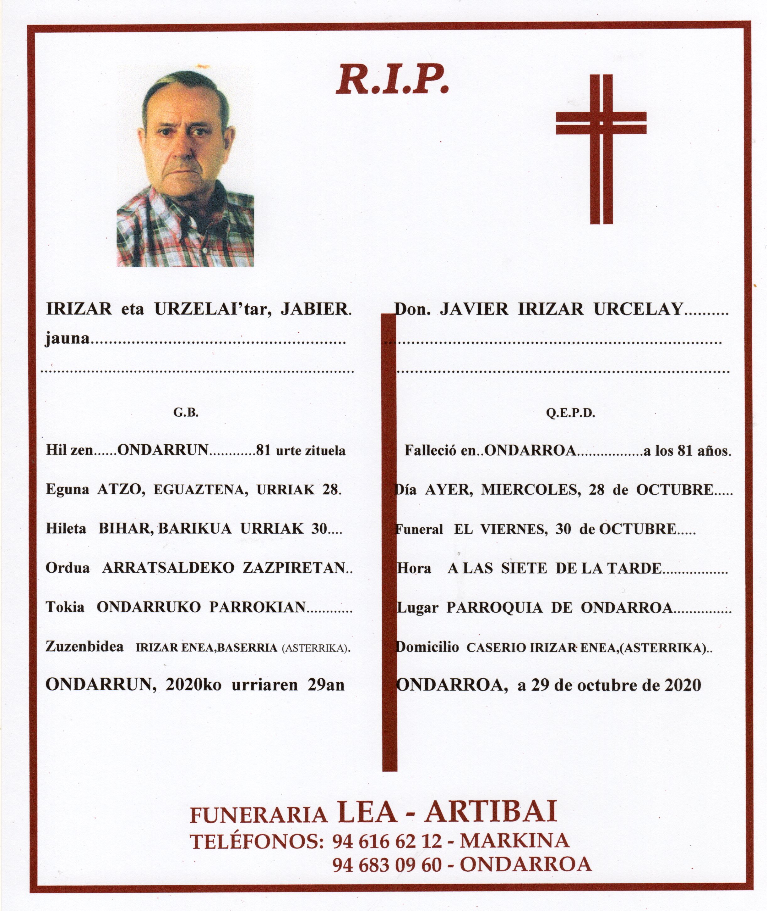 Esquela de Javier Irizar Urzelai
