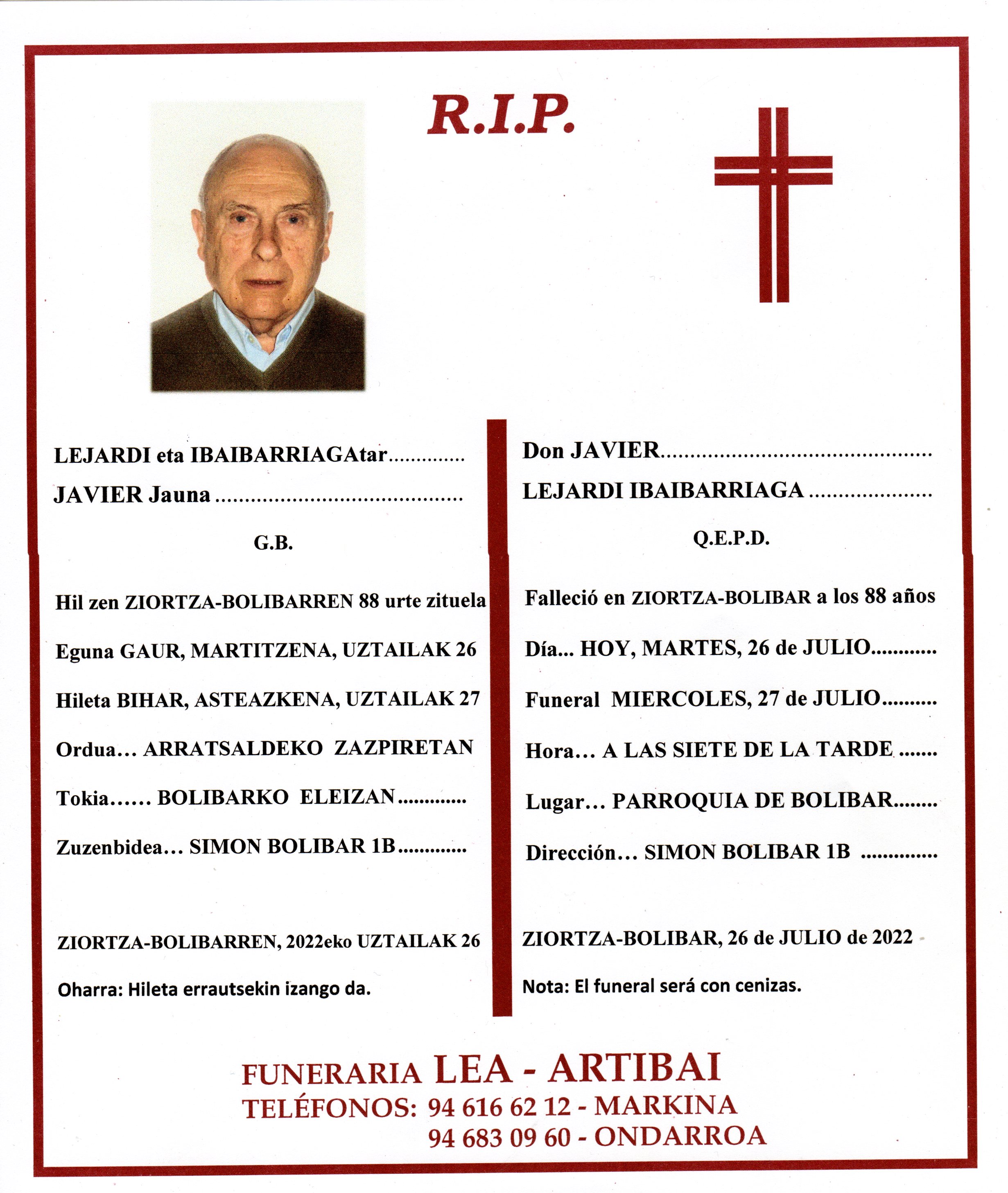 Esquela de Javier Lejardi Ibaibarriaga