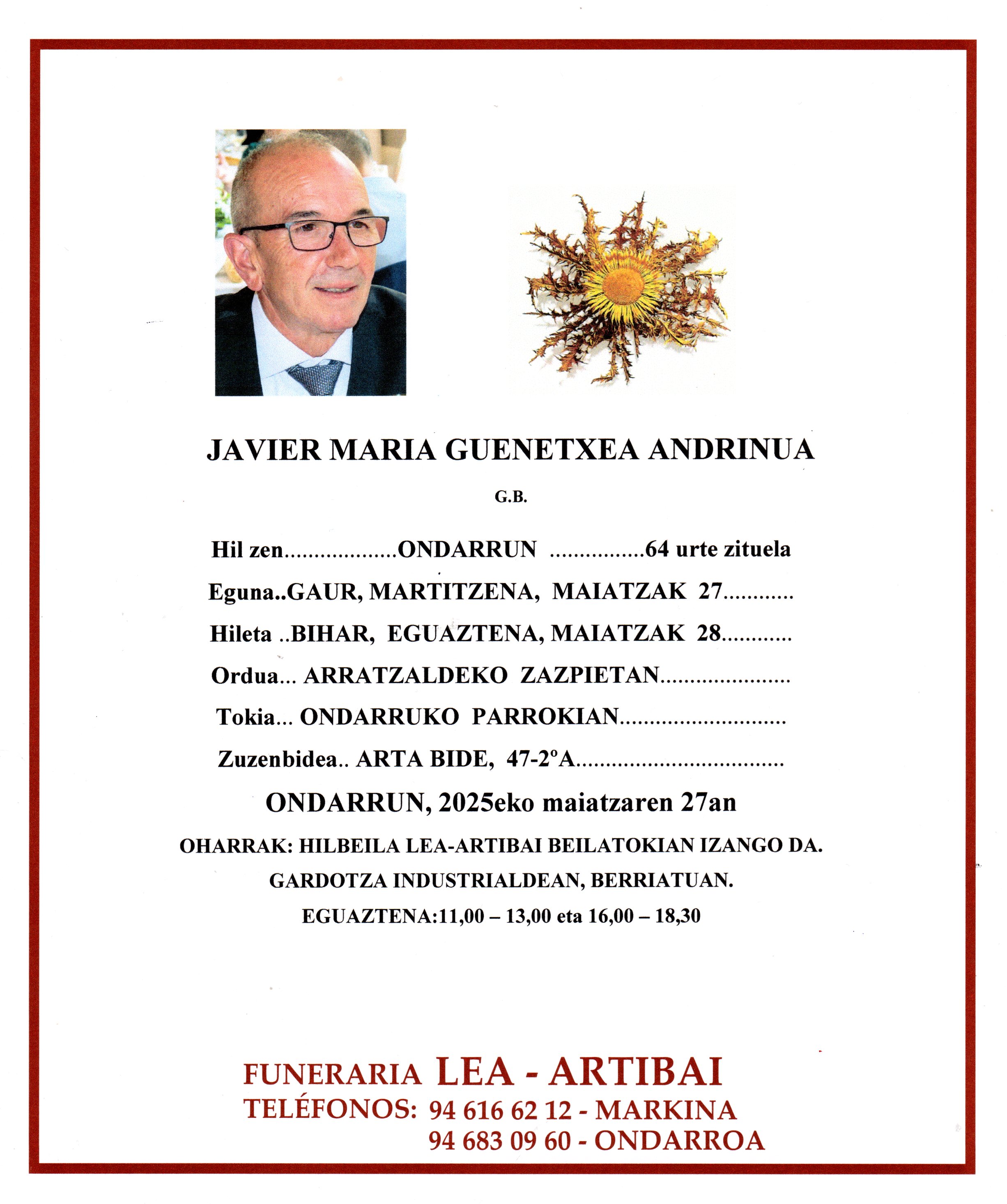 Esquela de Javier Maria Guenetxea Andrinua