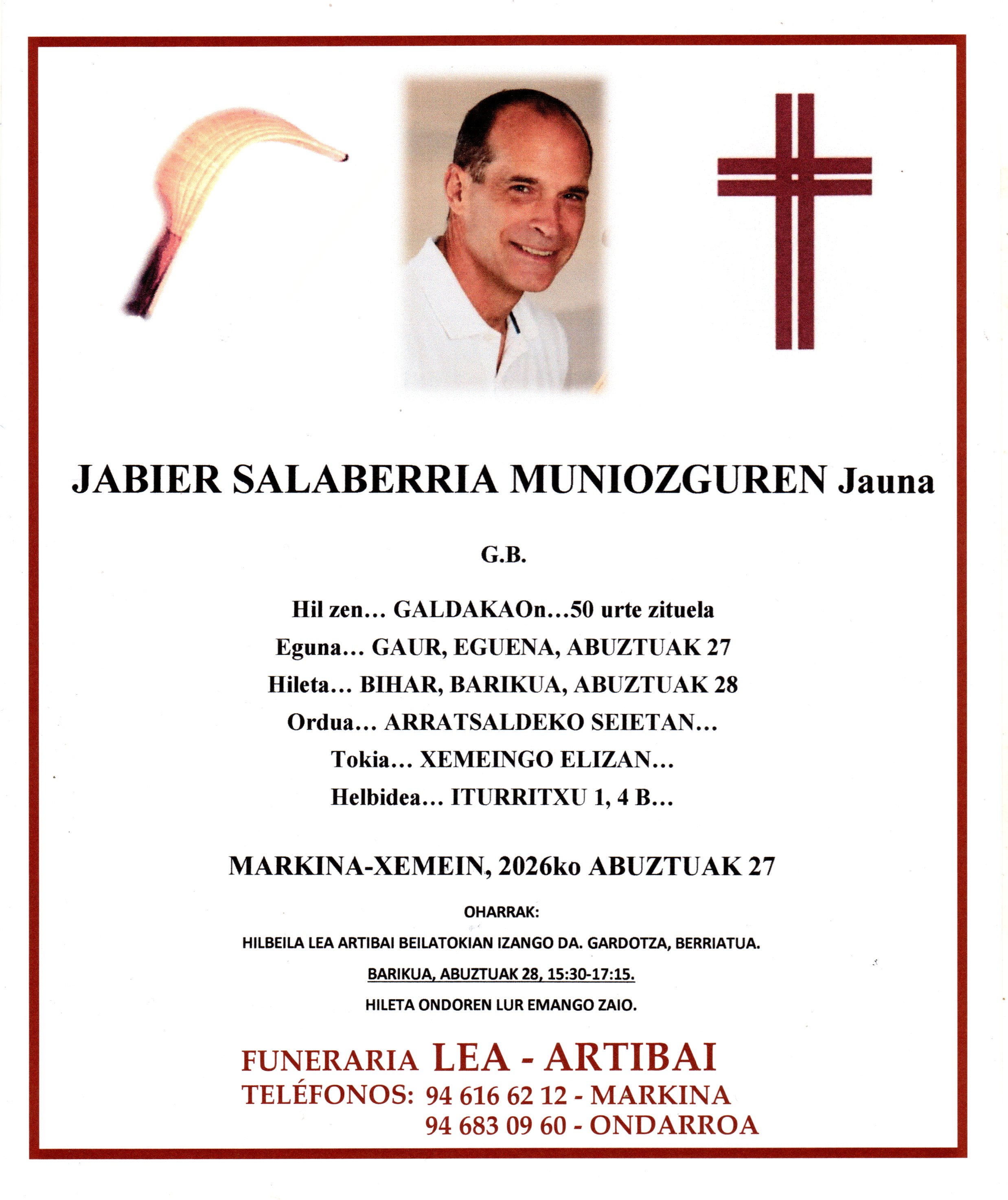 Esquela de Javier Salaberria Muniozguren