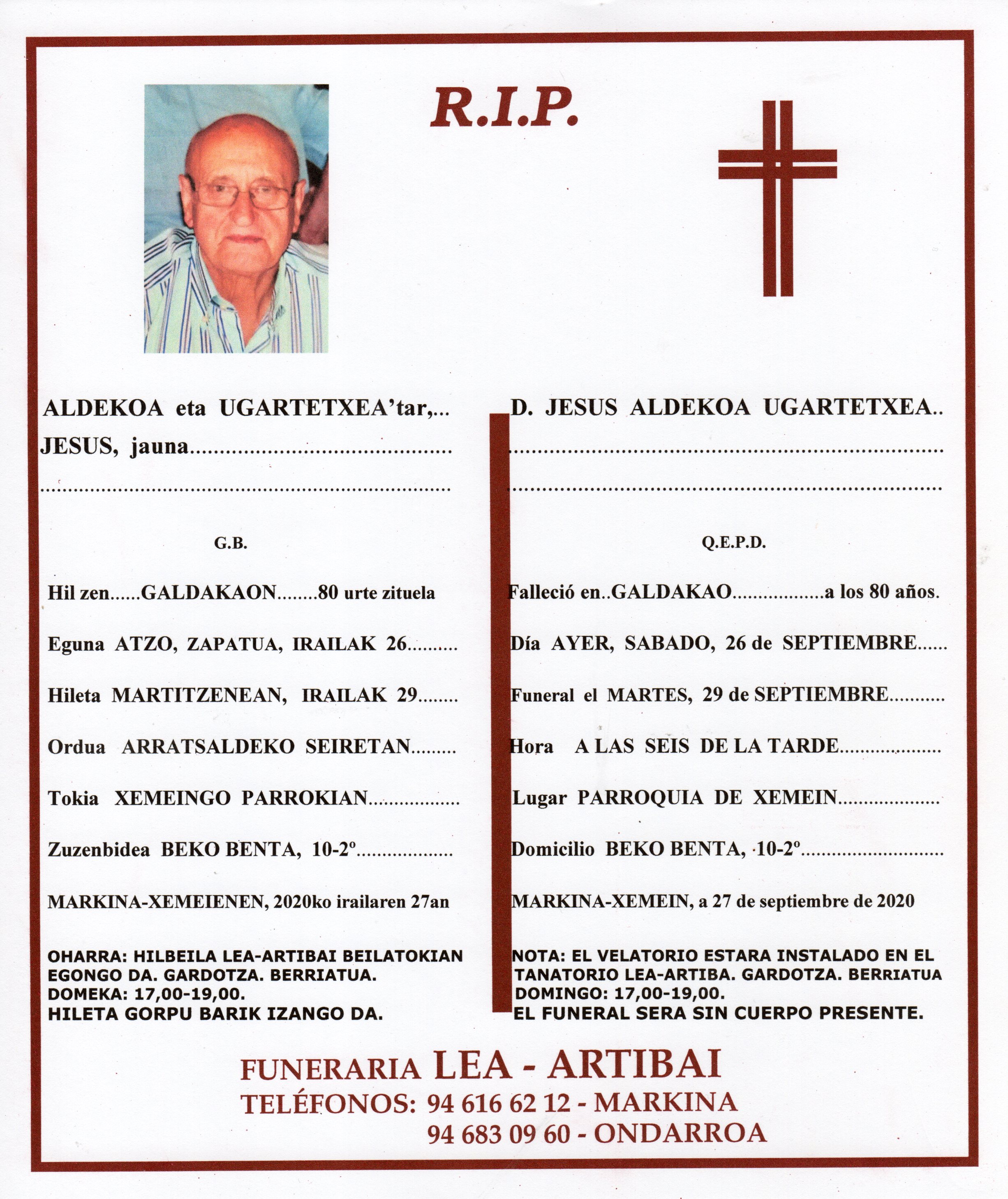 Esquela de Jesus Aldekoa Ugartetxea