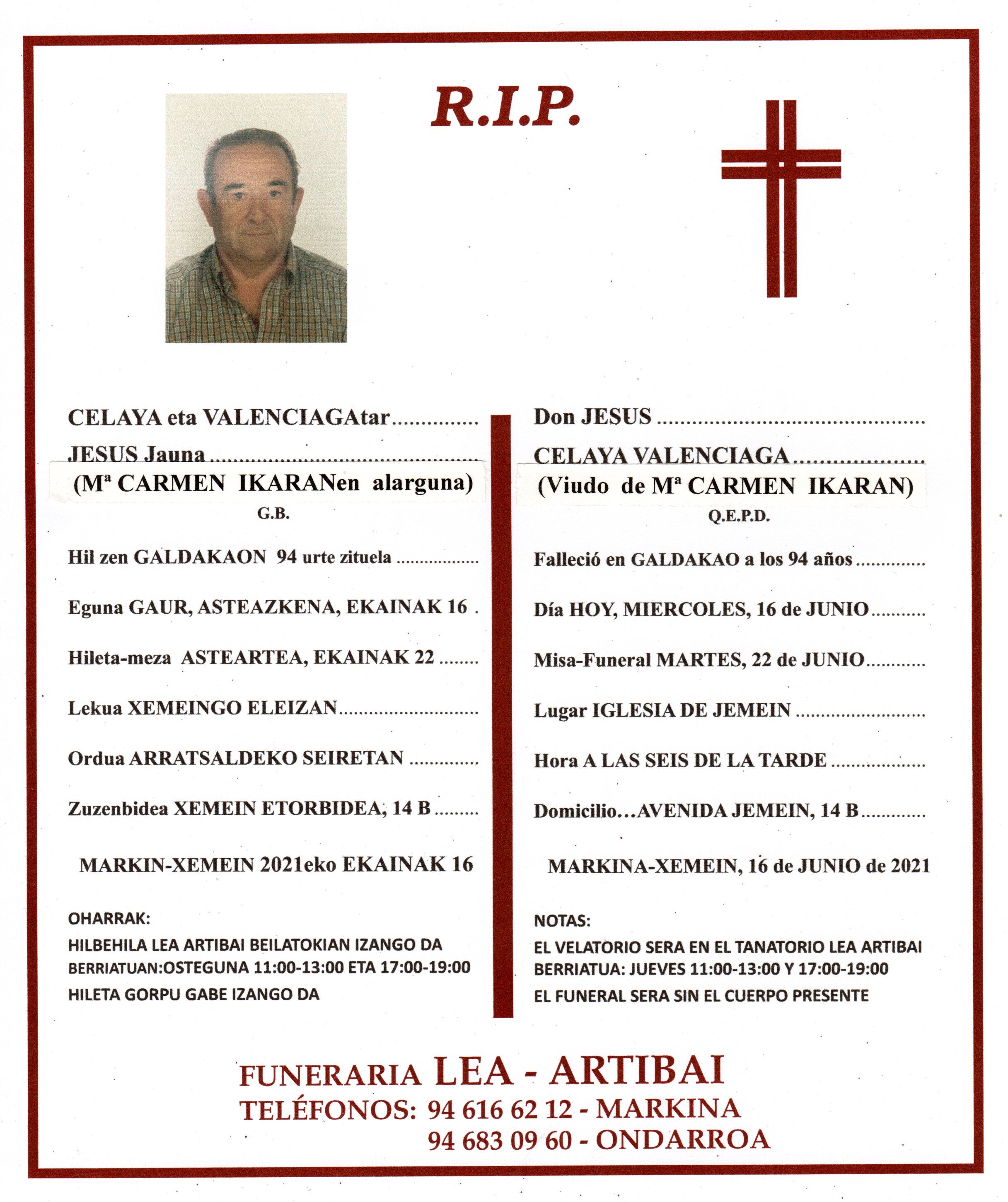 Esquela de Jesus Celaya Valenciaga