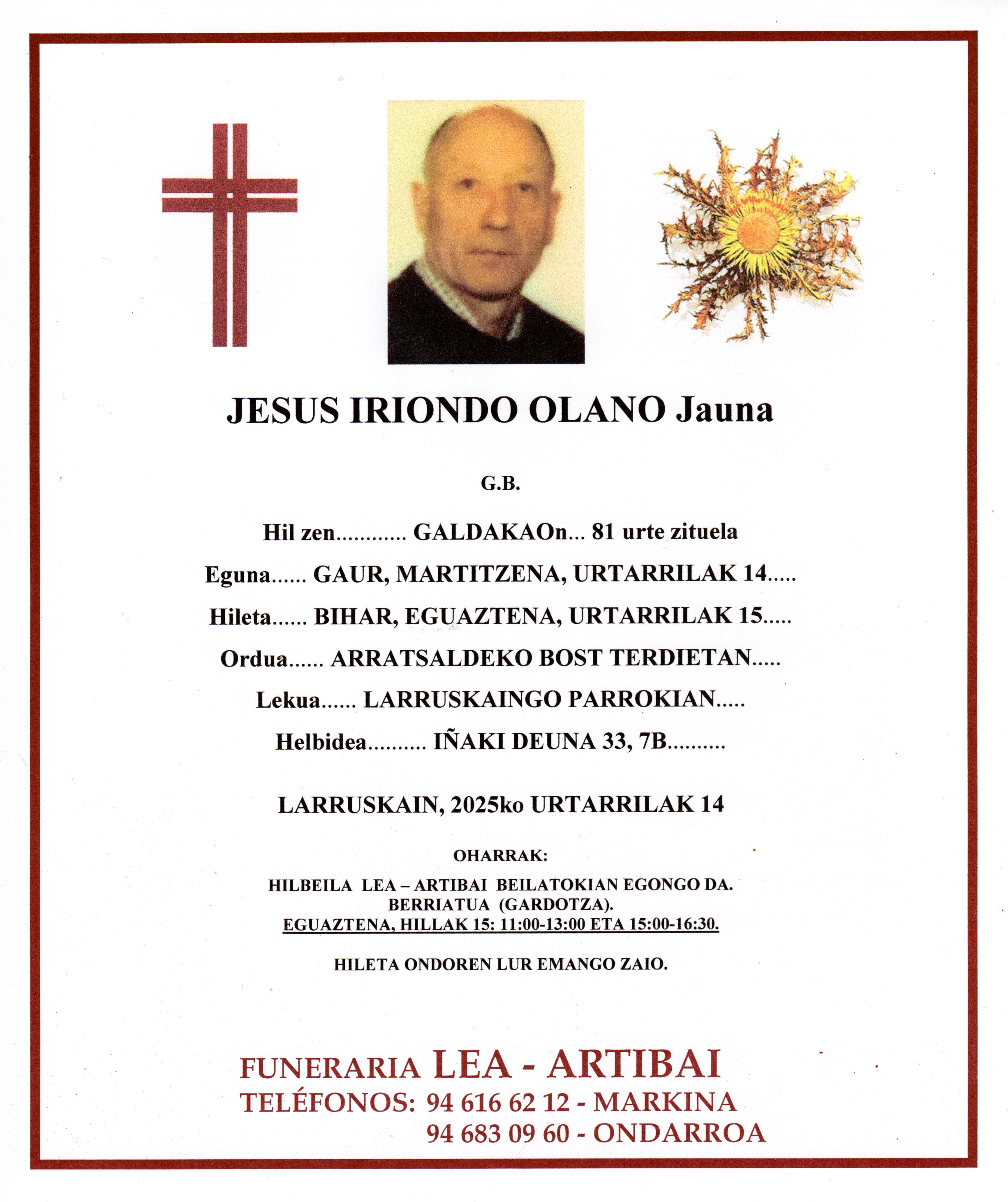 Esquela de Jesus Iriondo Olano