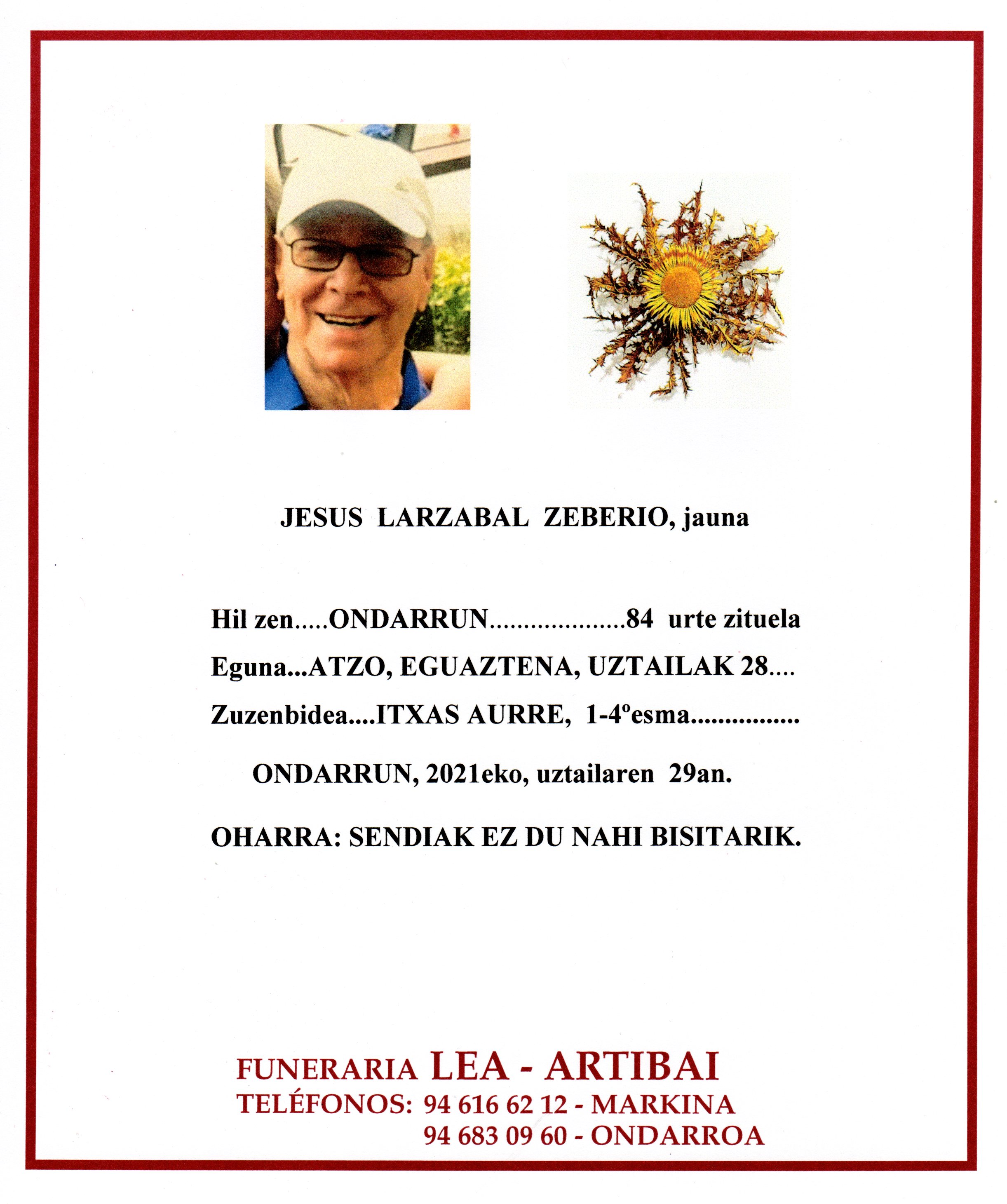 Esquela de Jesus Larzabal Zeberio
