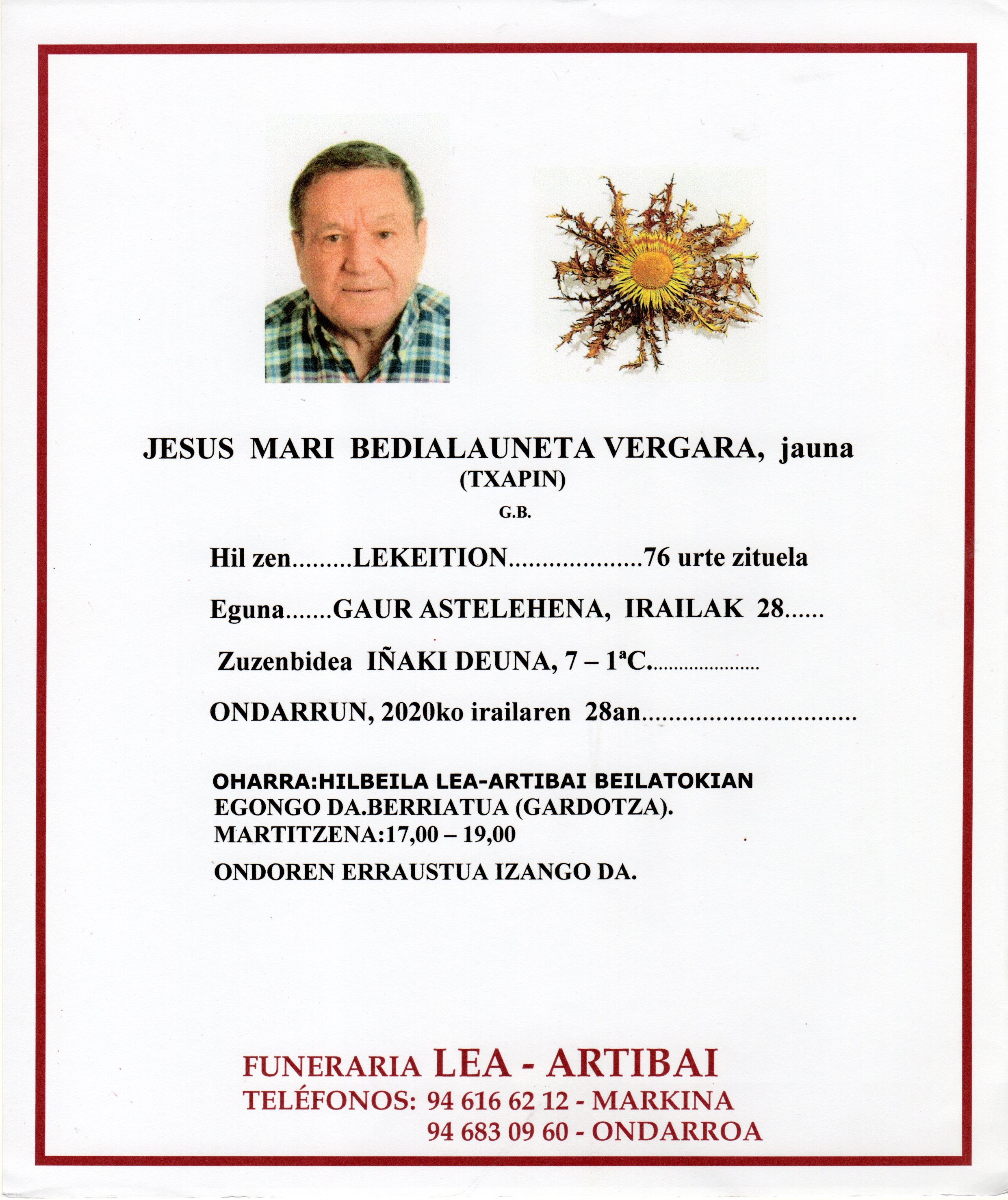 Esquela de Jesus Mari Bedialauneta Vergara