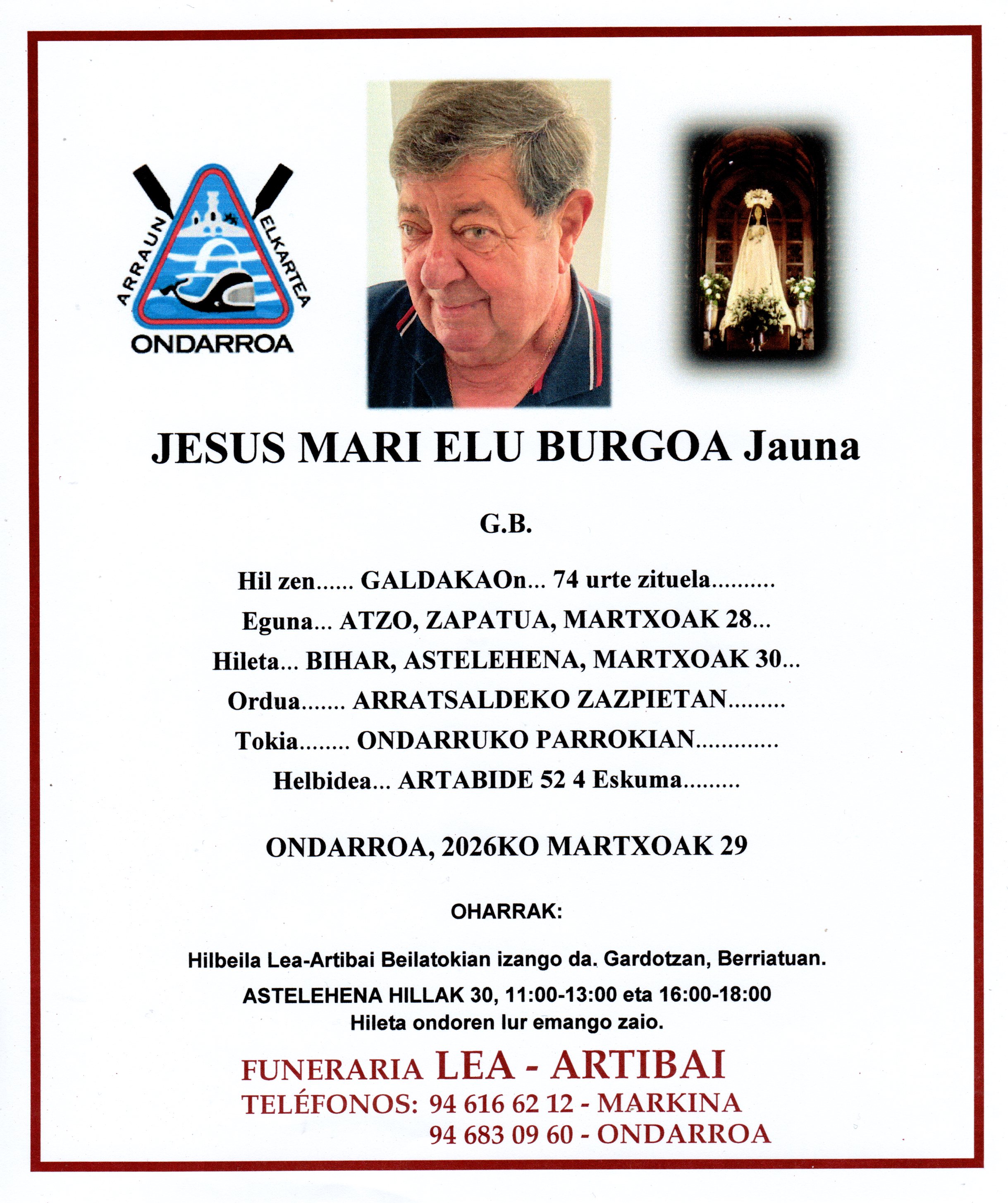 Esquela de Jesus Mari Elu Burgoa
