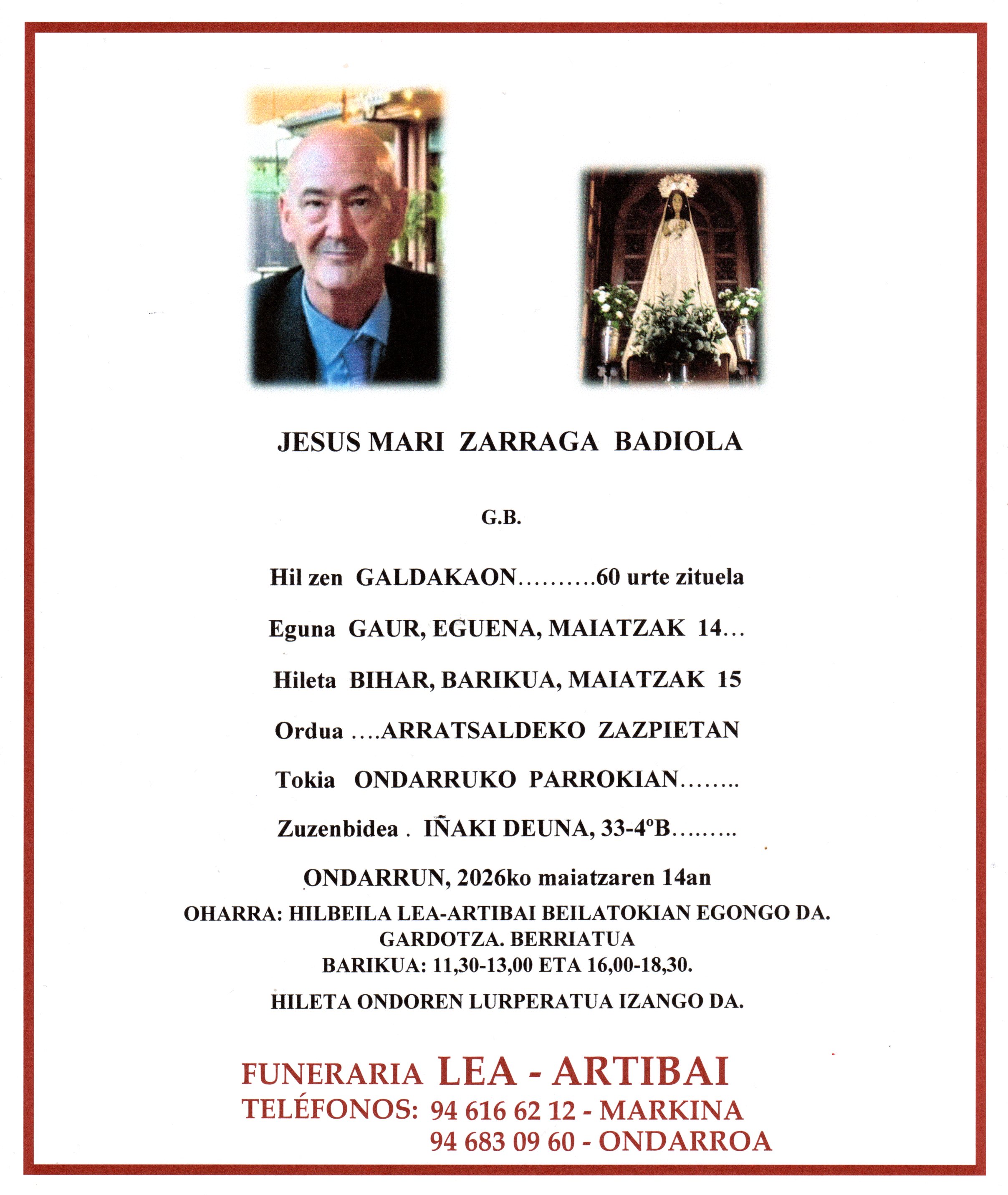 Esquela de Jesus Mari Zarraga Badiola