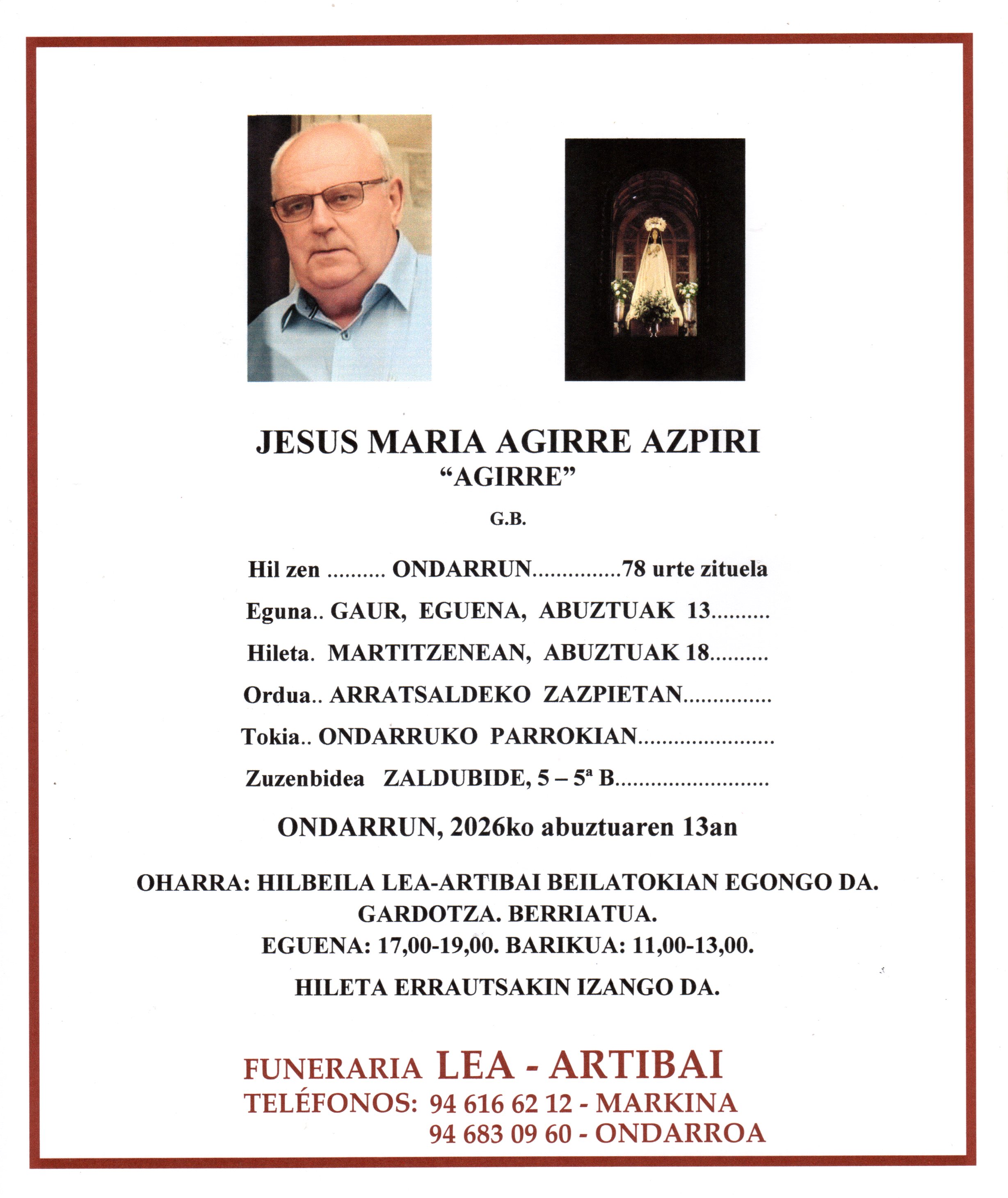Esquela de Jesus Maria Agirre Azpiri