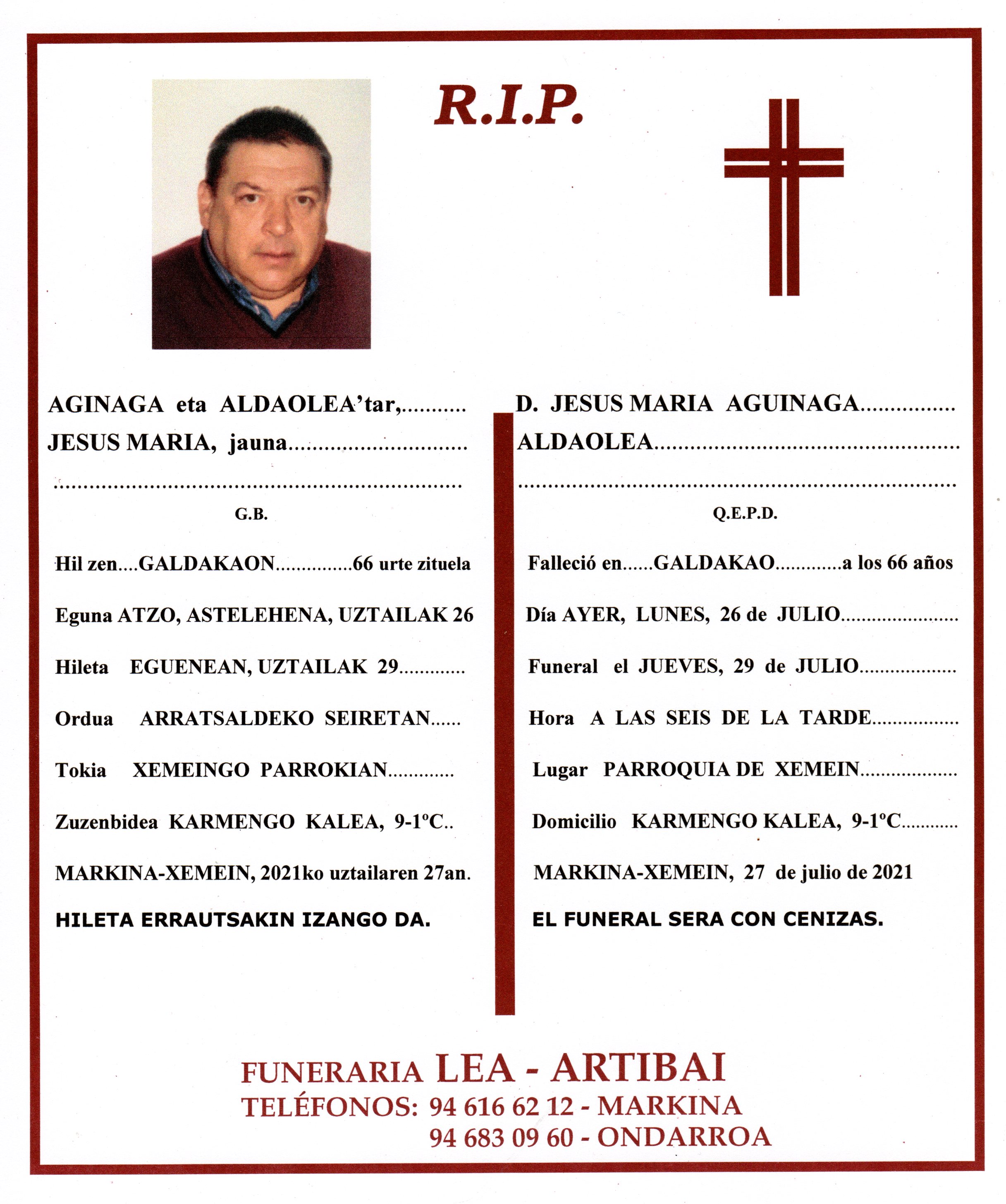 Esquela de Jesus Maria Aginaga Aldaolea