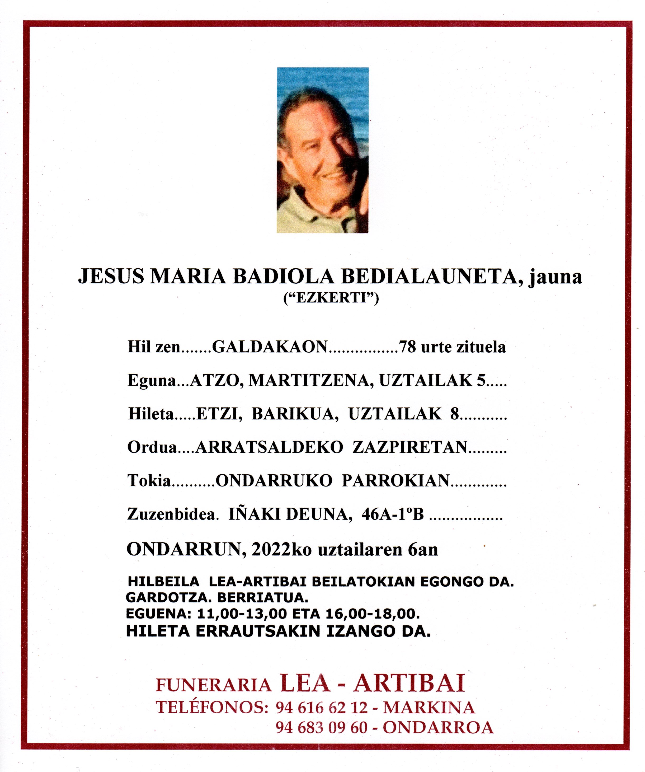 Esquela de Jesus Maria Badiola Bedialauneta