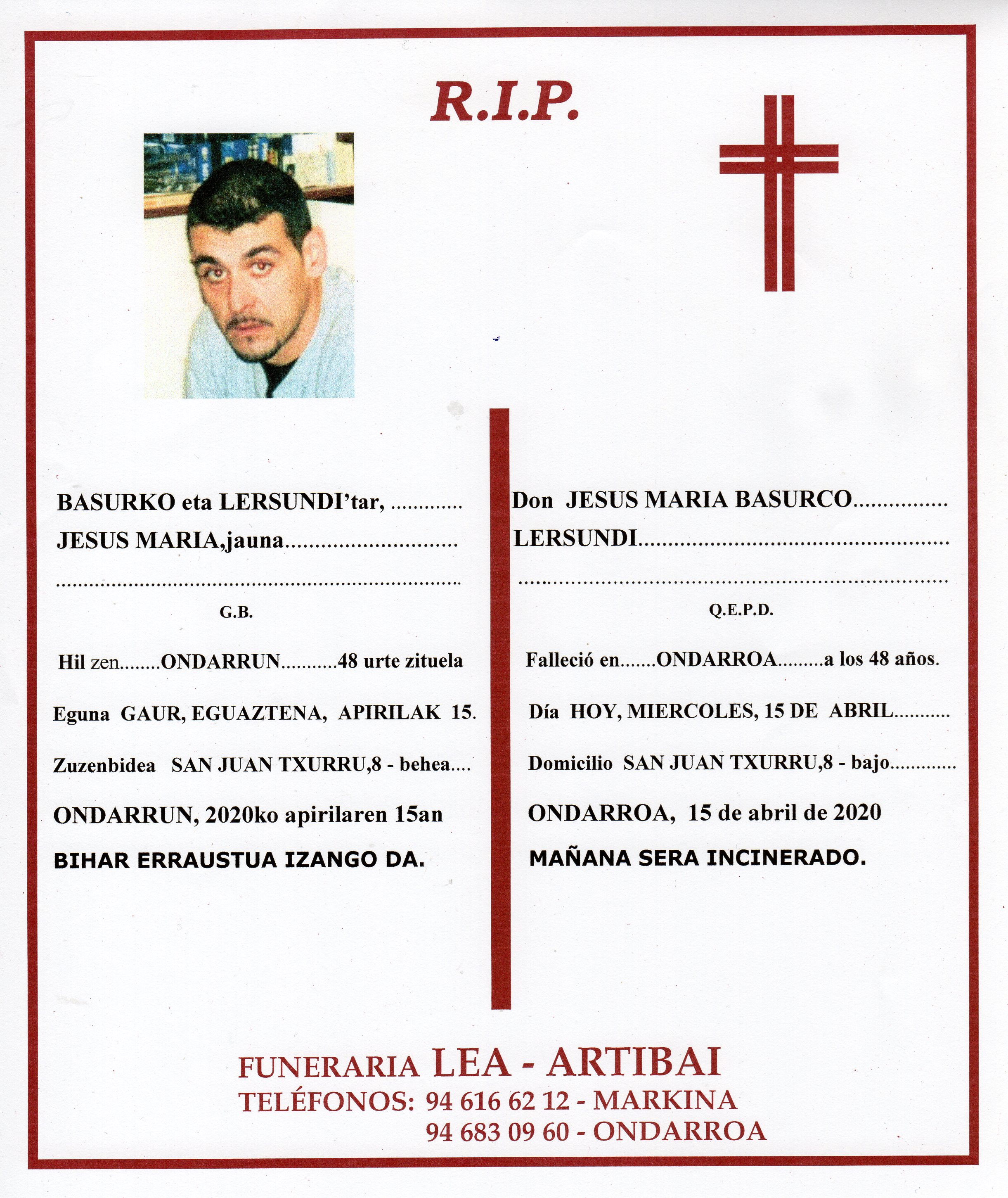 Esquela de Jesus Maria Basurco Lersundi