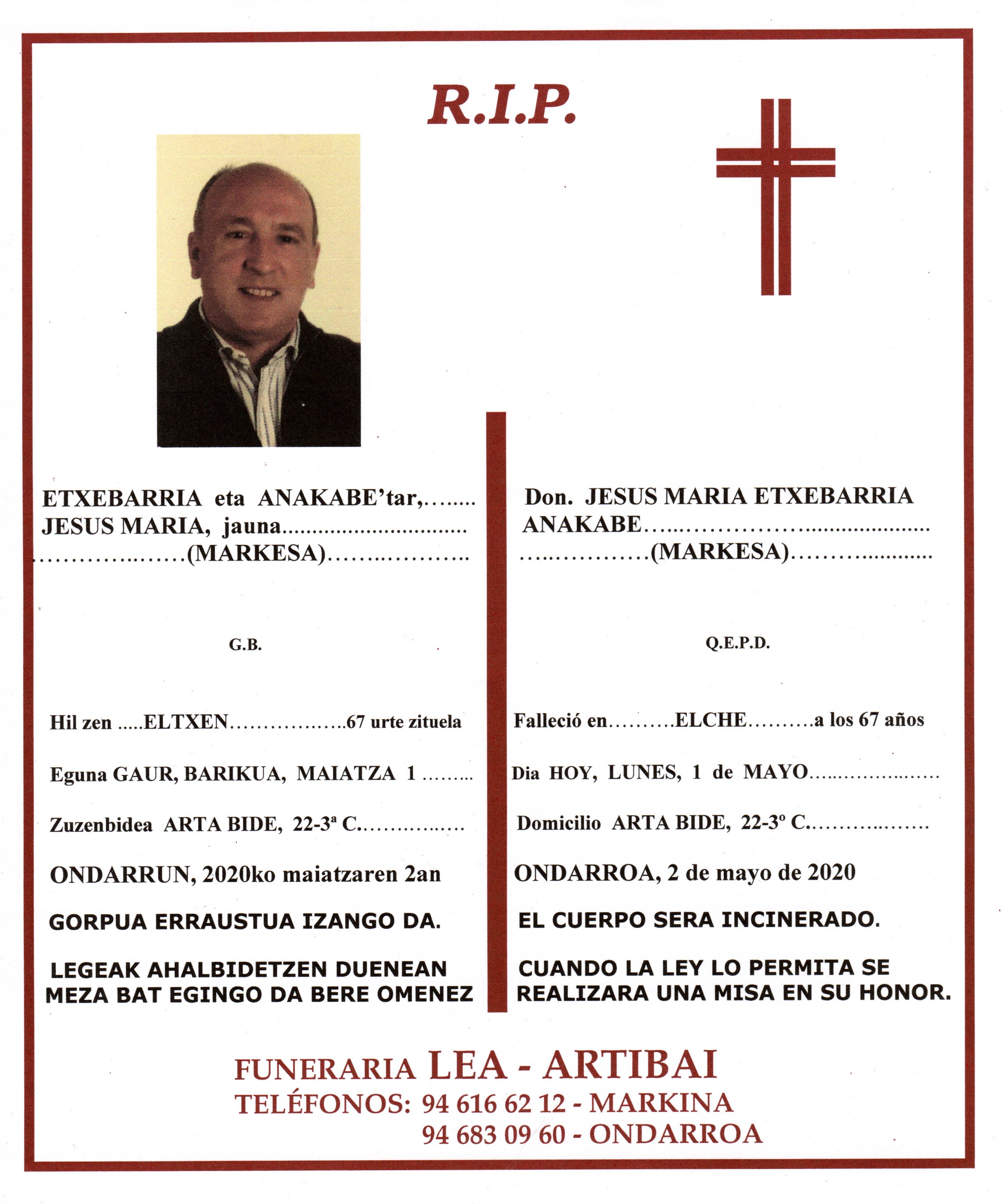 Esquela de Jesus Maria Etxebarria Anakabe