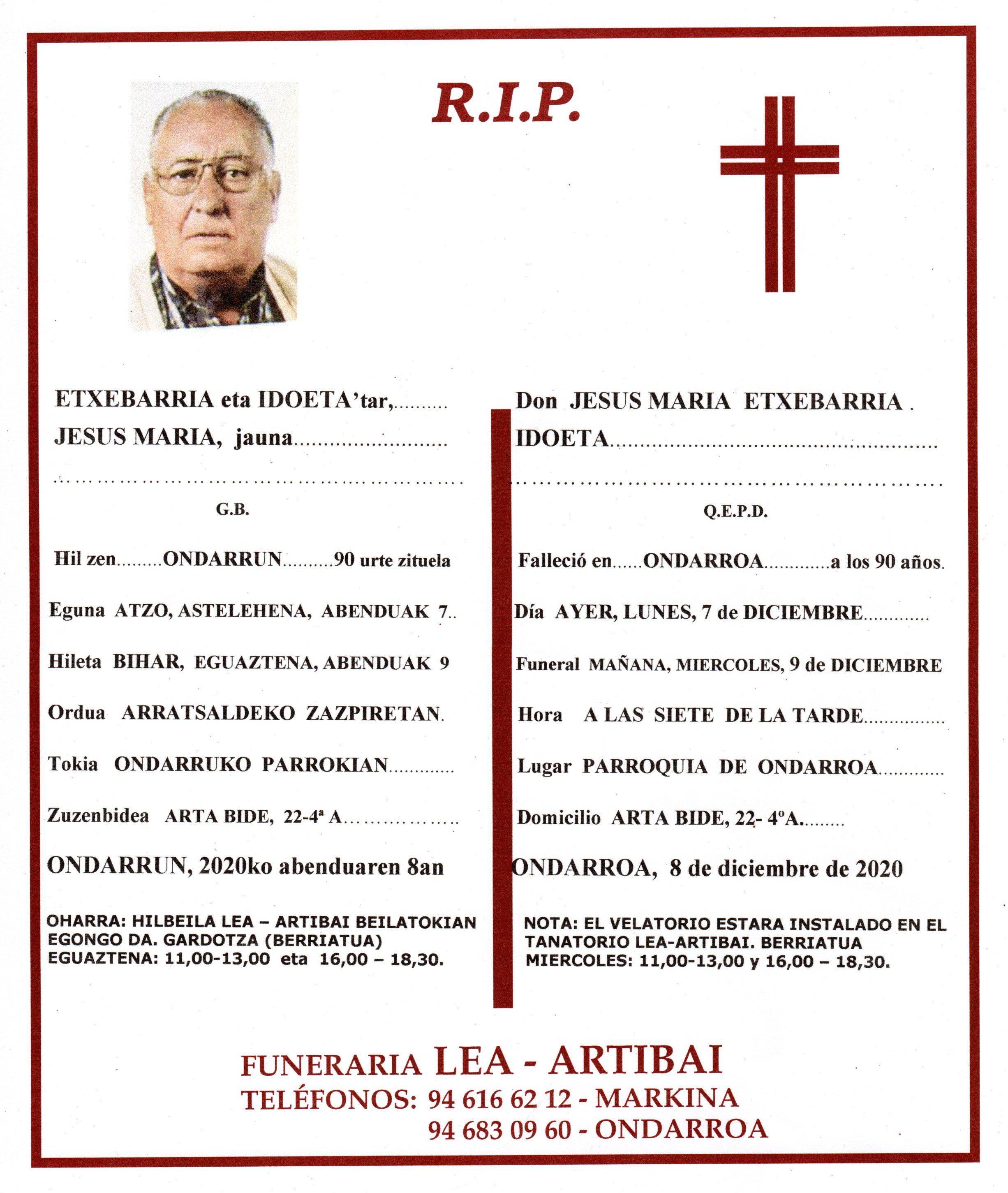 Esquela de Jesus Maria Etxebarria Idoeta