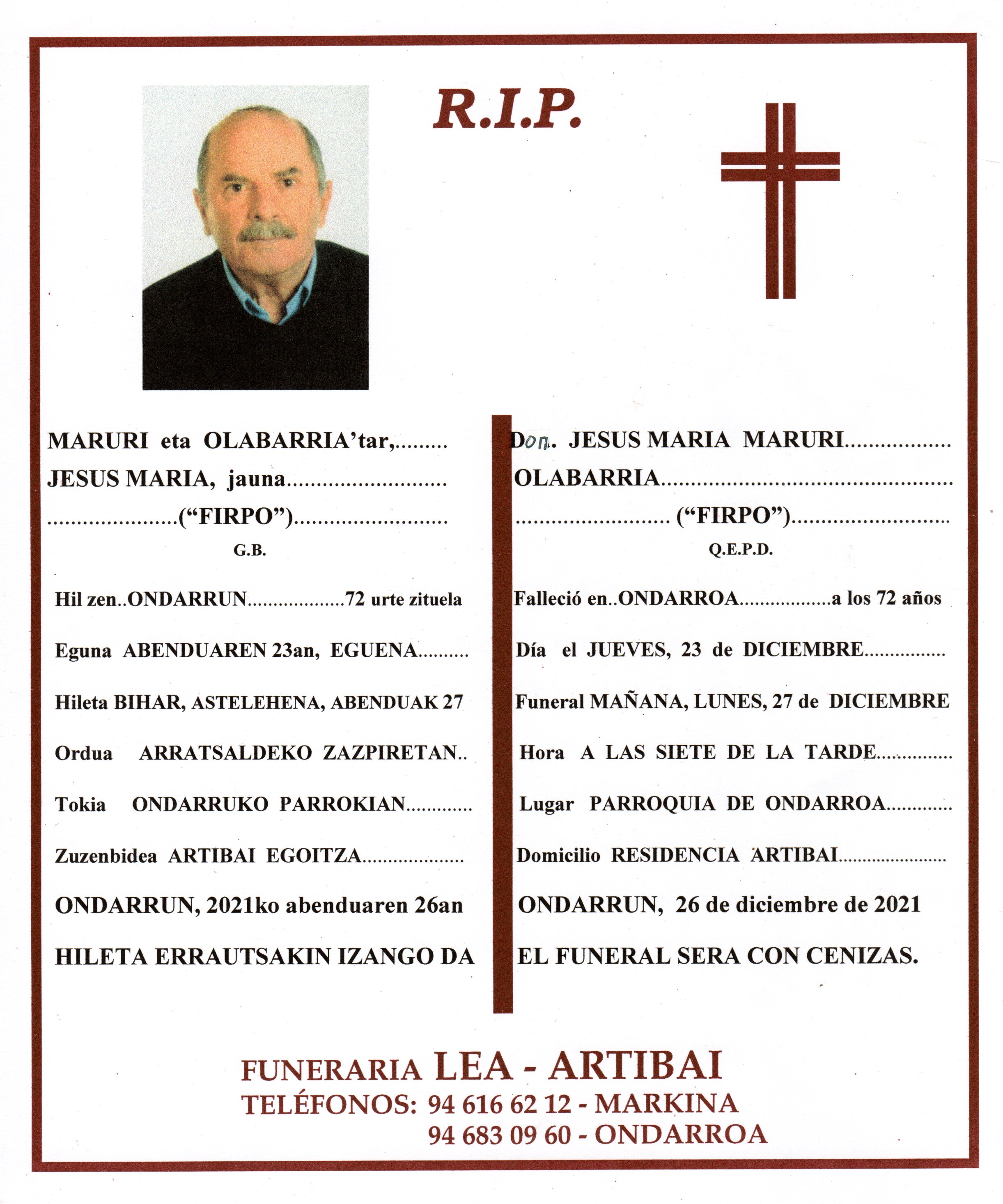 Esquela de Jesus Maria Maruri Olabarria