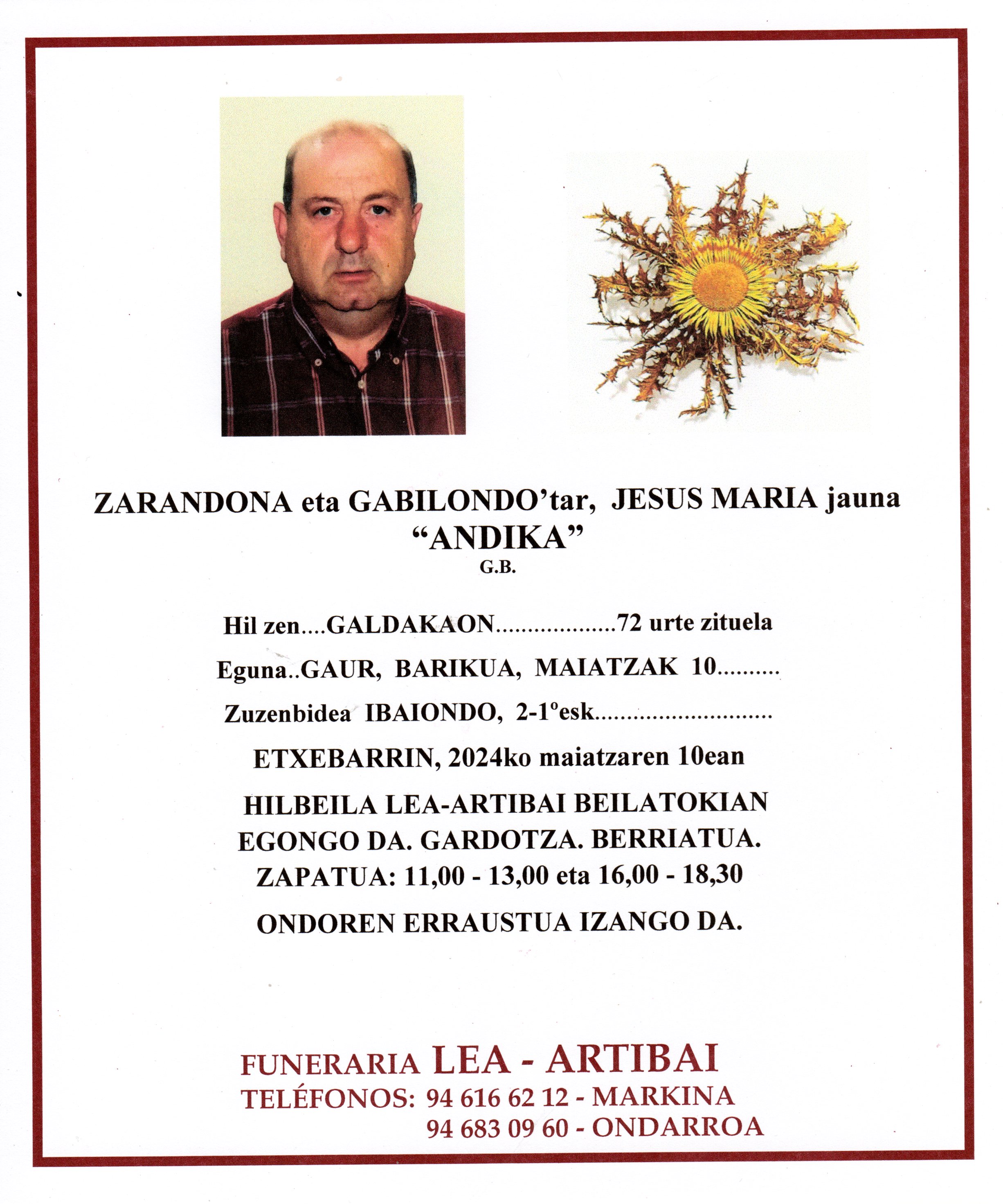 Esquela de Jesus Maria Zarandona Gabilondo