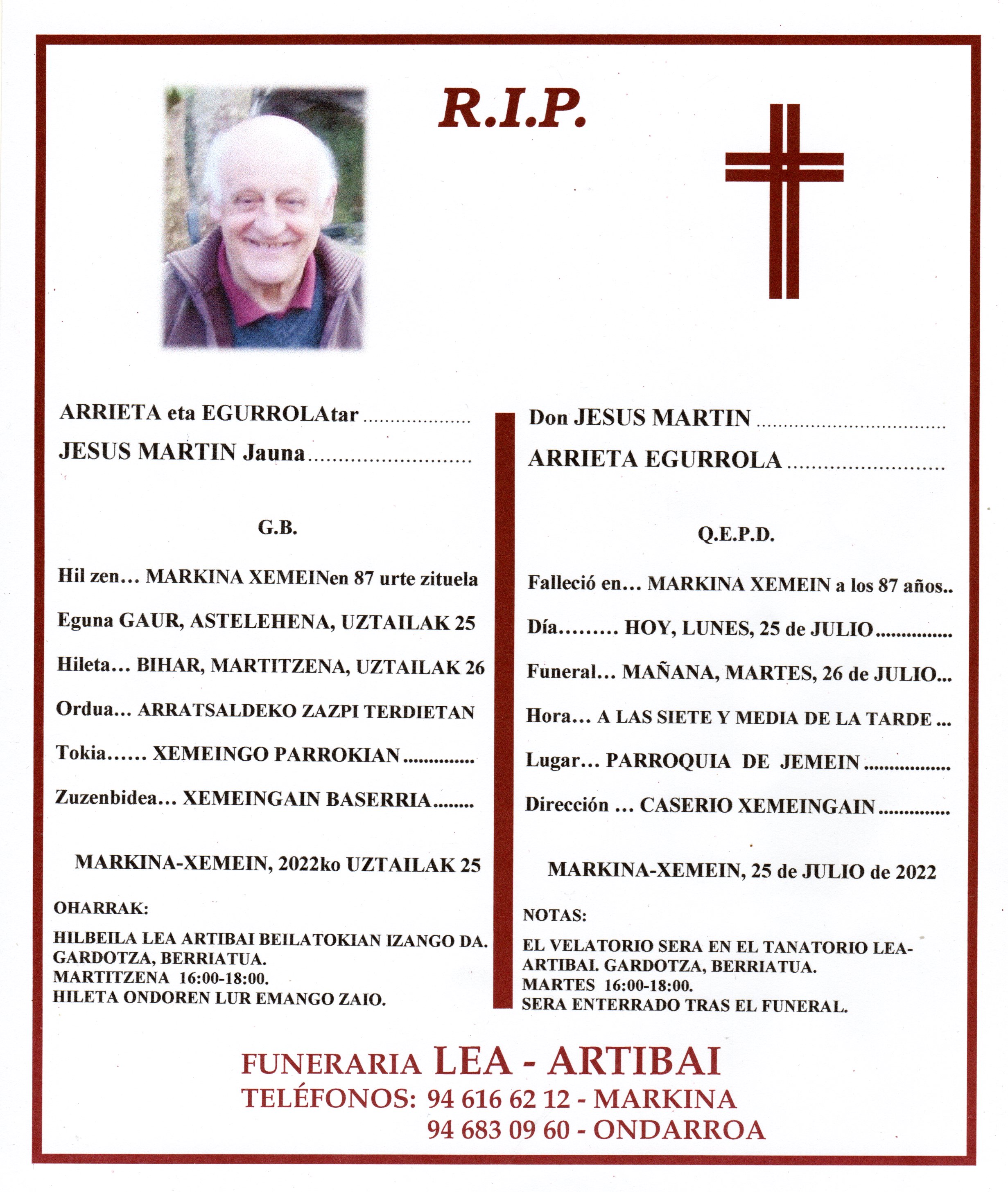 Esquela de Jesus Martin Arrieta Egurrola