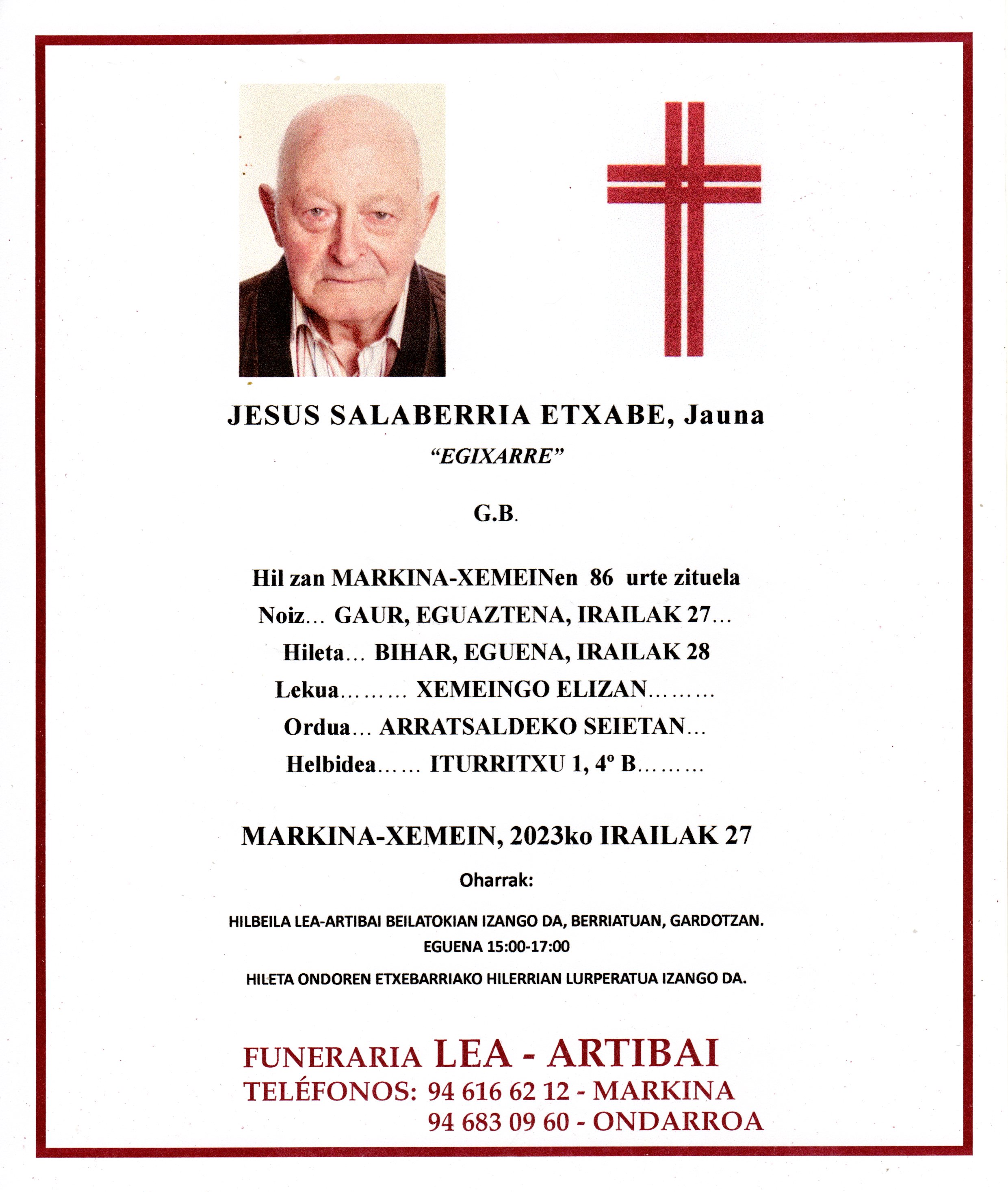Esquela de Jesus Salaberria Etxabe