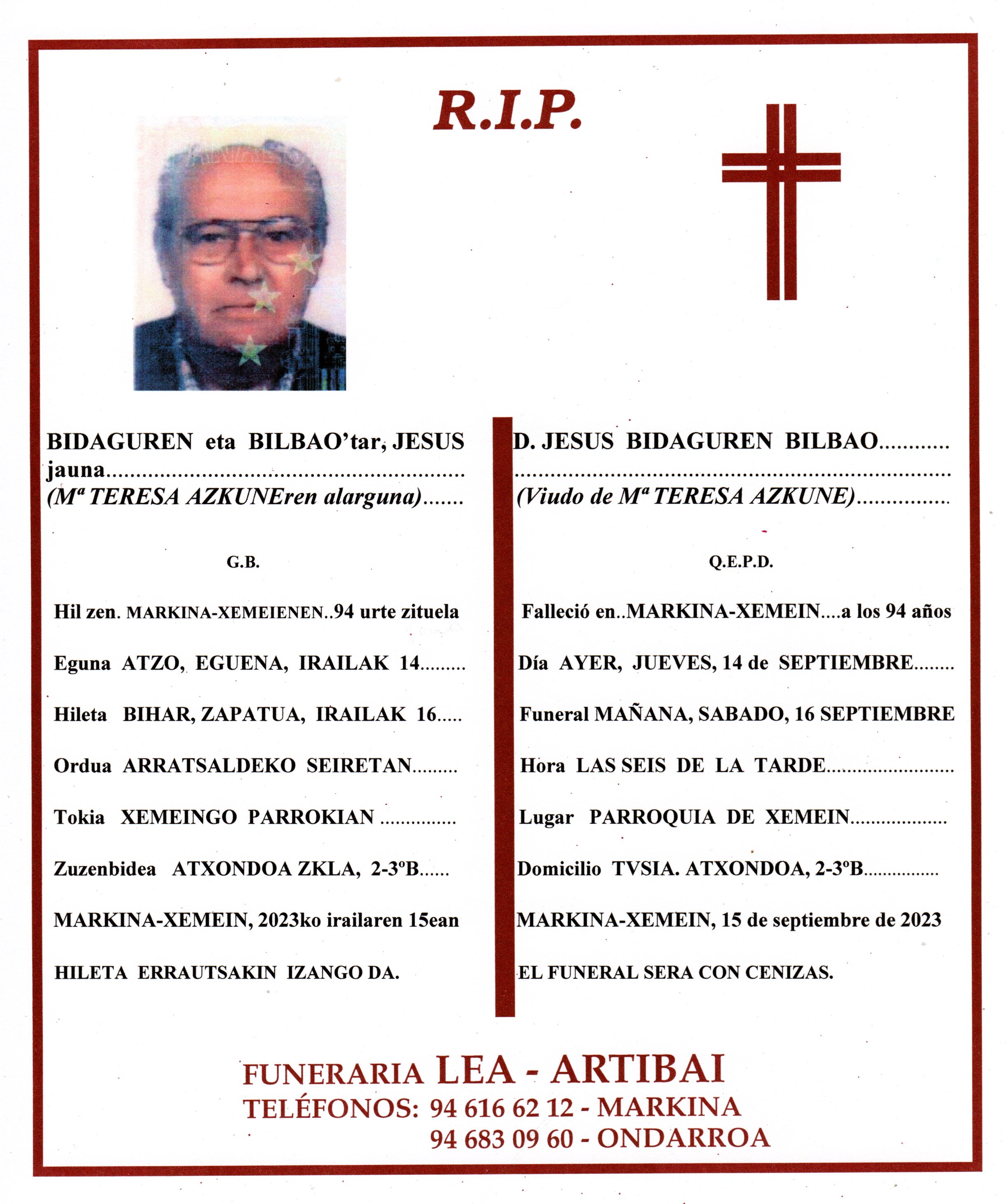 Esquela de Jesus Bidaguren Bilbao