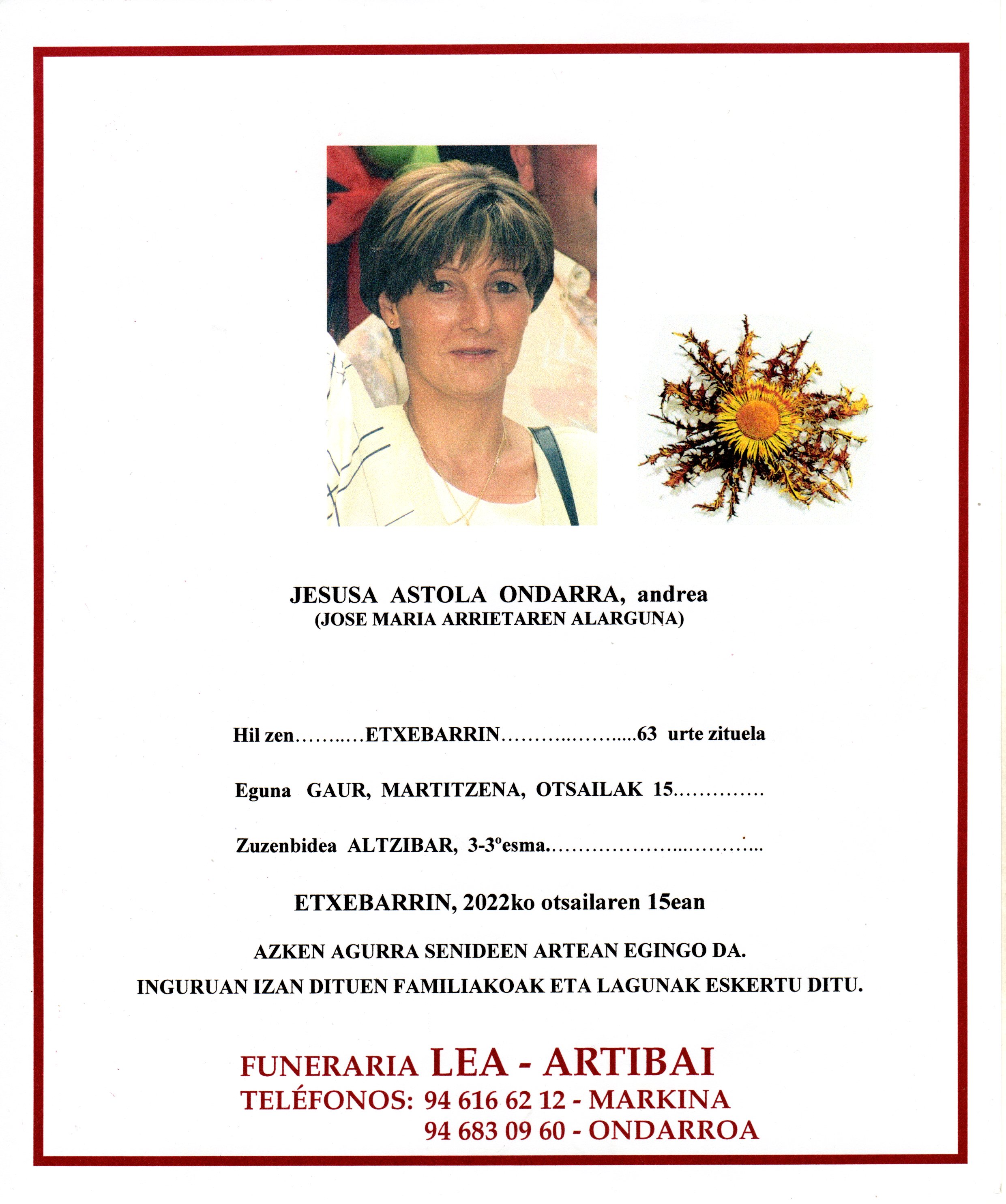 Esquela de Jesusa Astola Ondarra