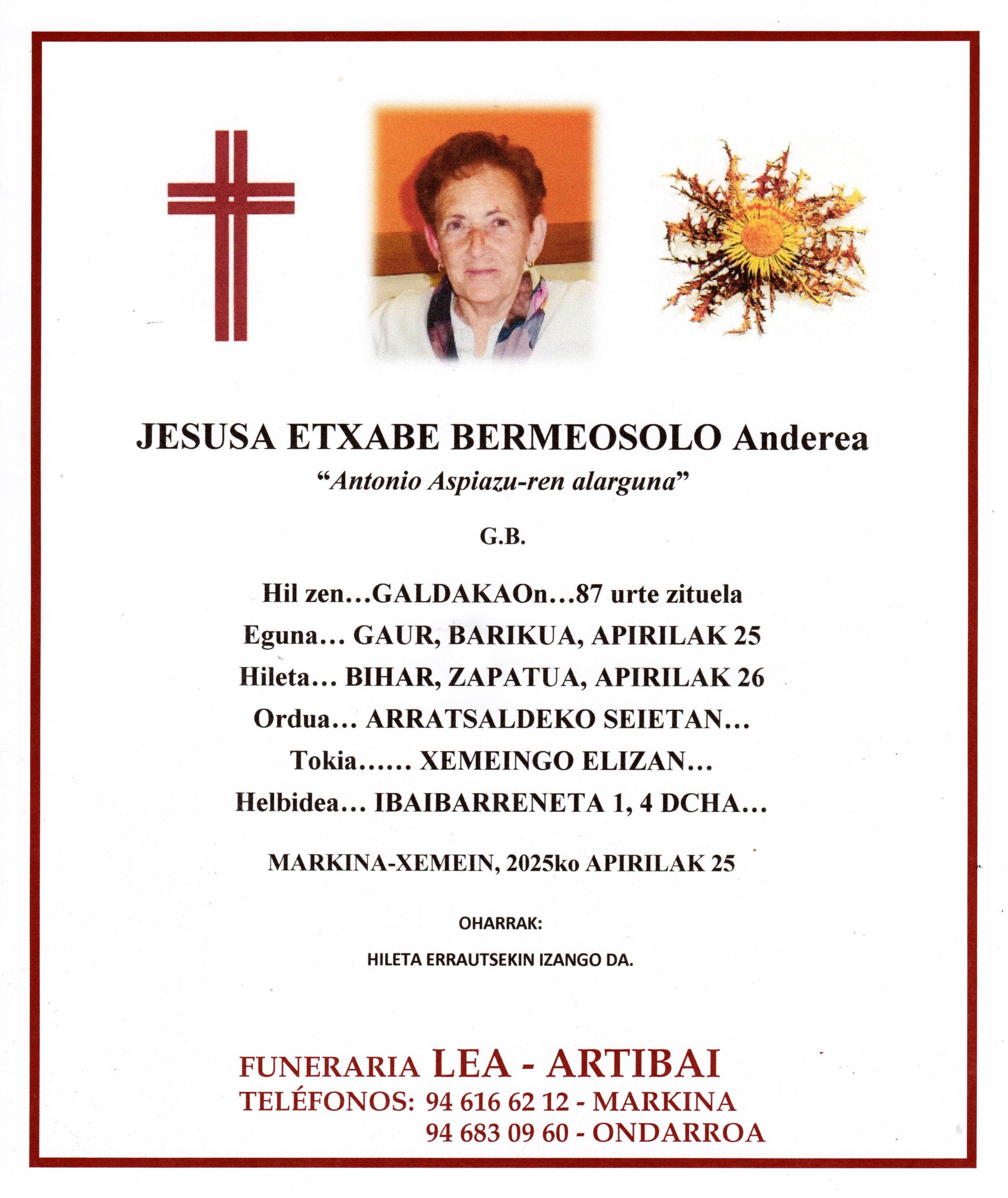 Esquela de Jesusa Etxabe Bermeosolo