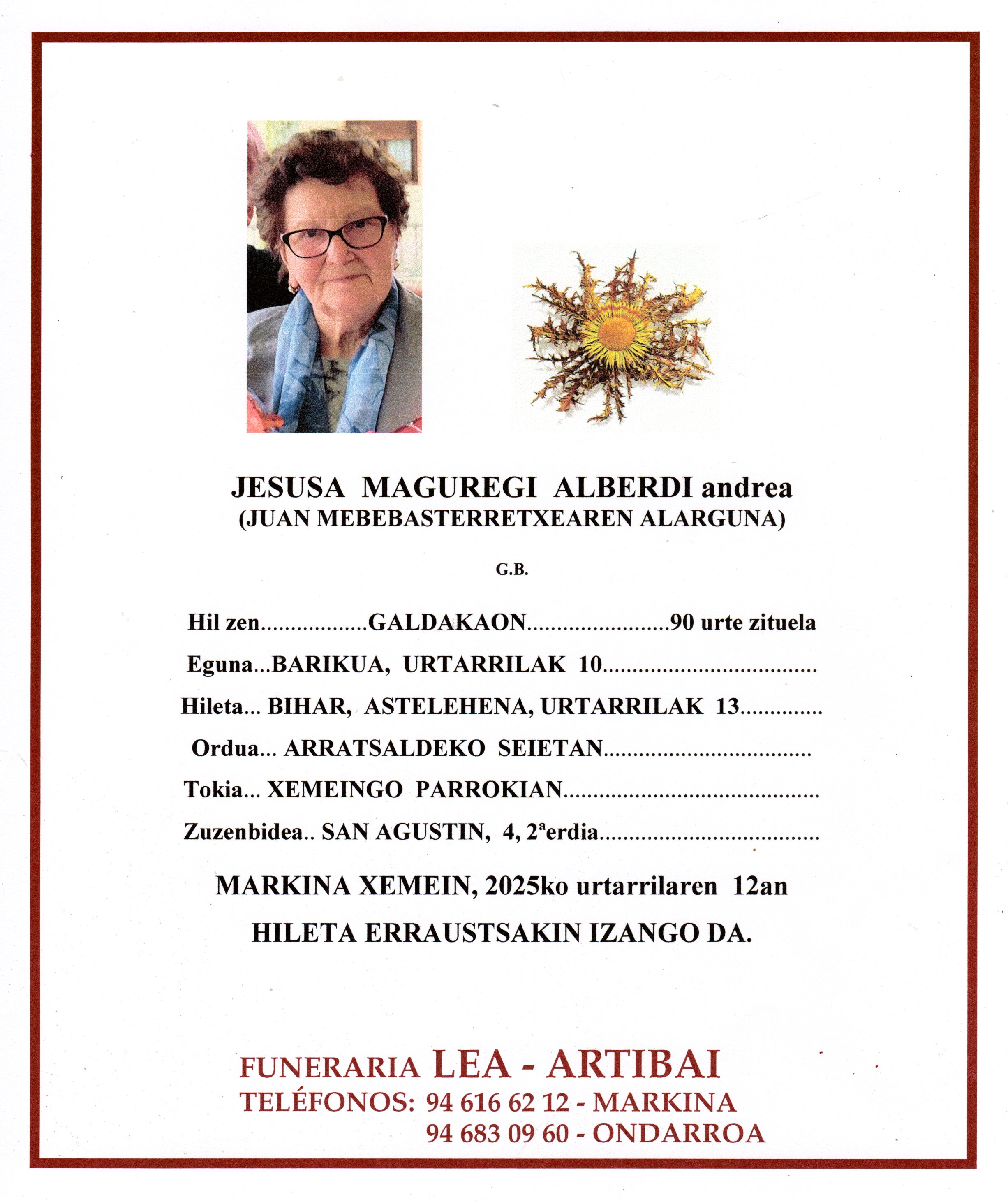 Esquela de Jesusa Maguregi Alberdi