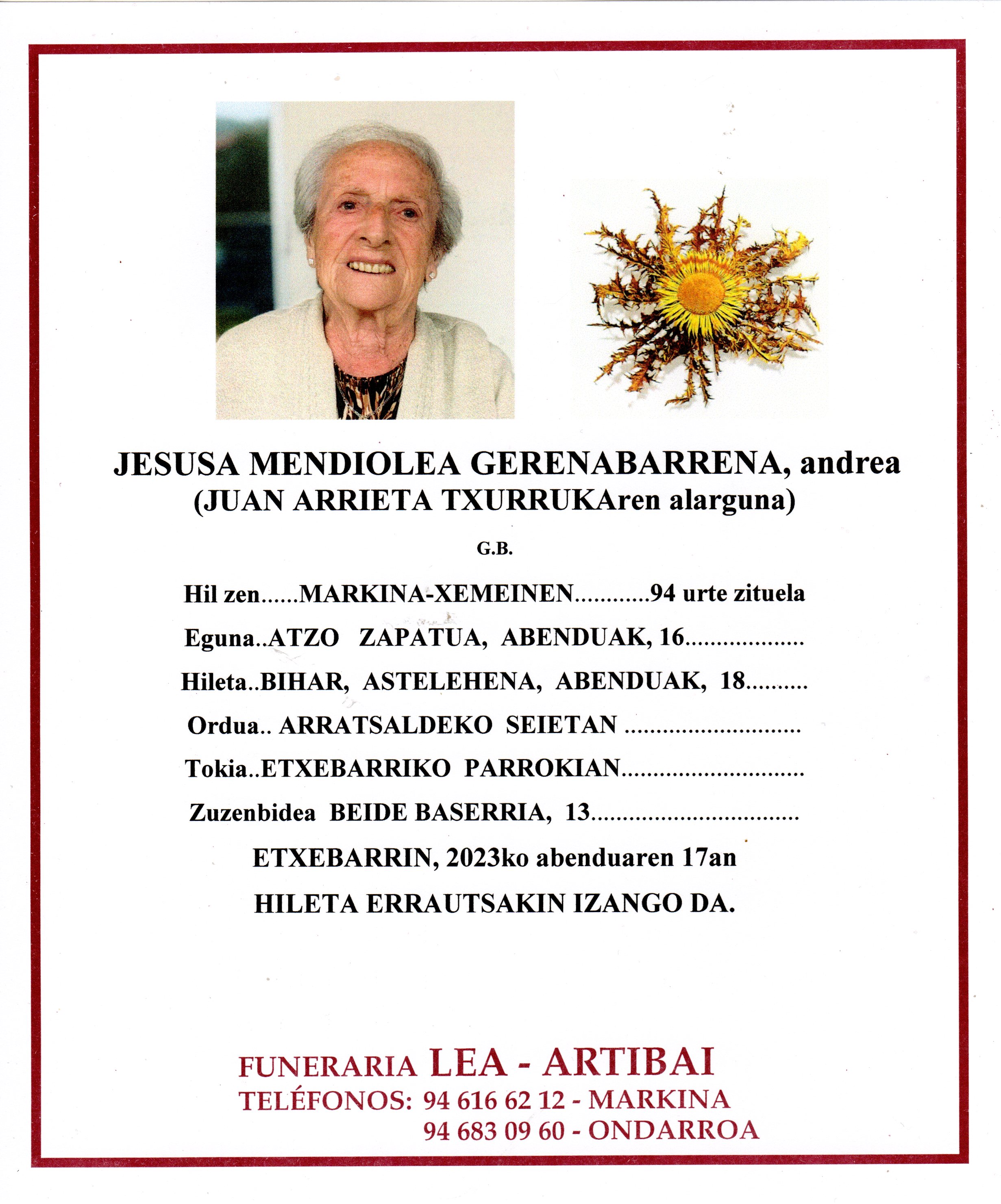 Esquela de Jesusa Mendiolea Gerenabarrena