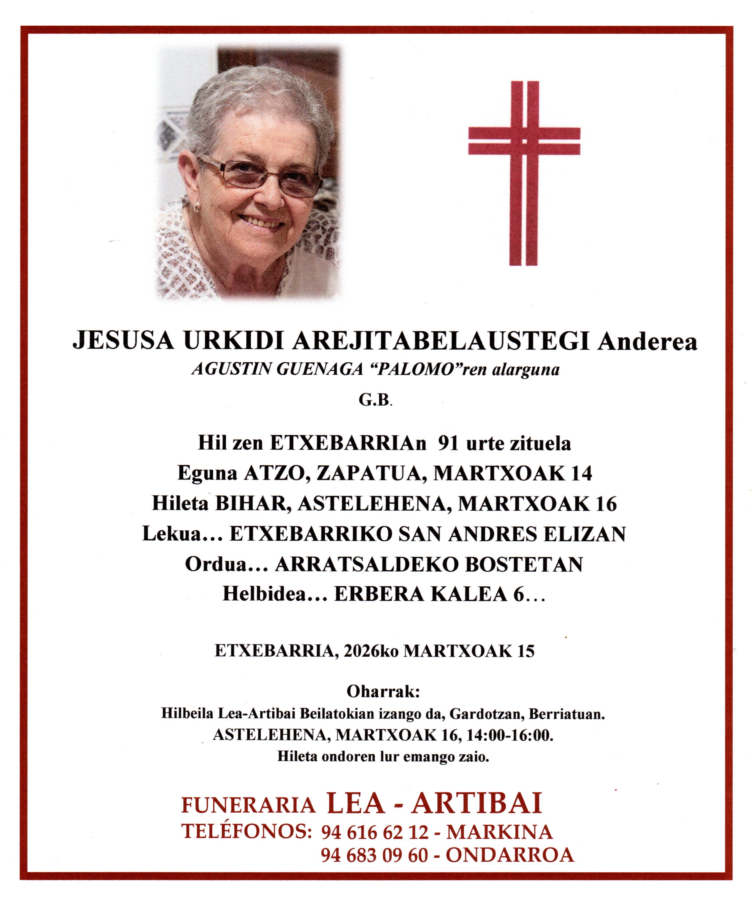 Esquela de Jesusa Urkidi Arejitabelaustegi