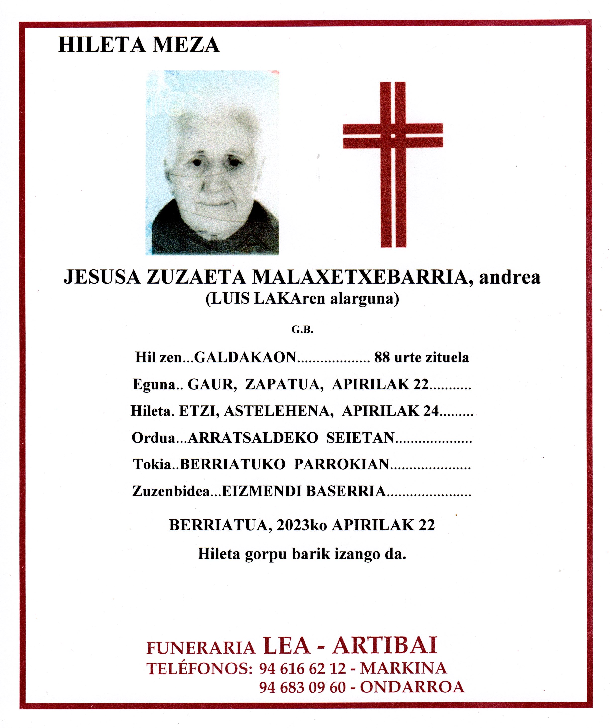 Esquela de Jesusa Zuzaeta Malaxetxebarria