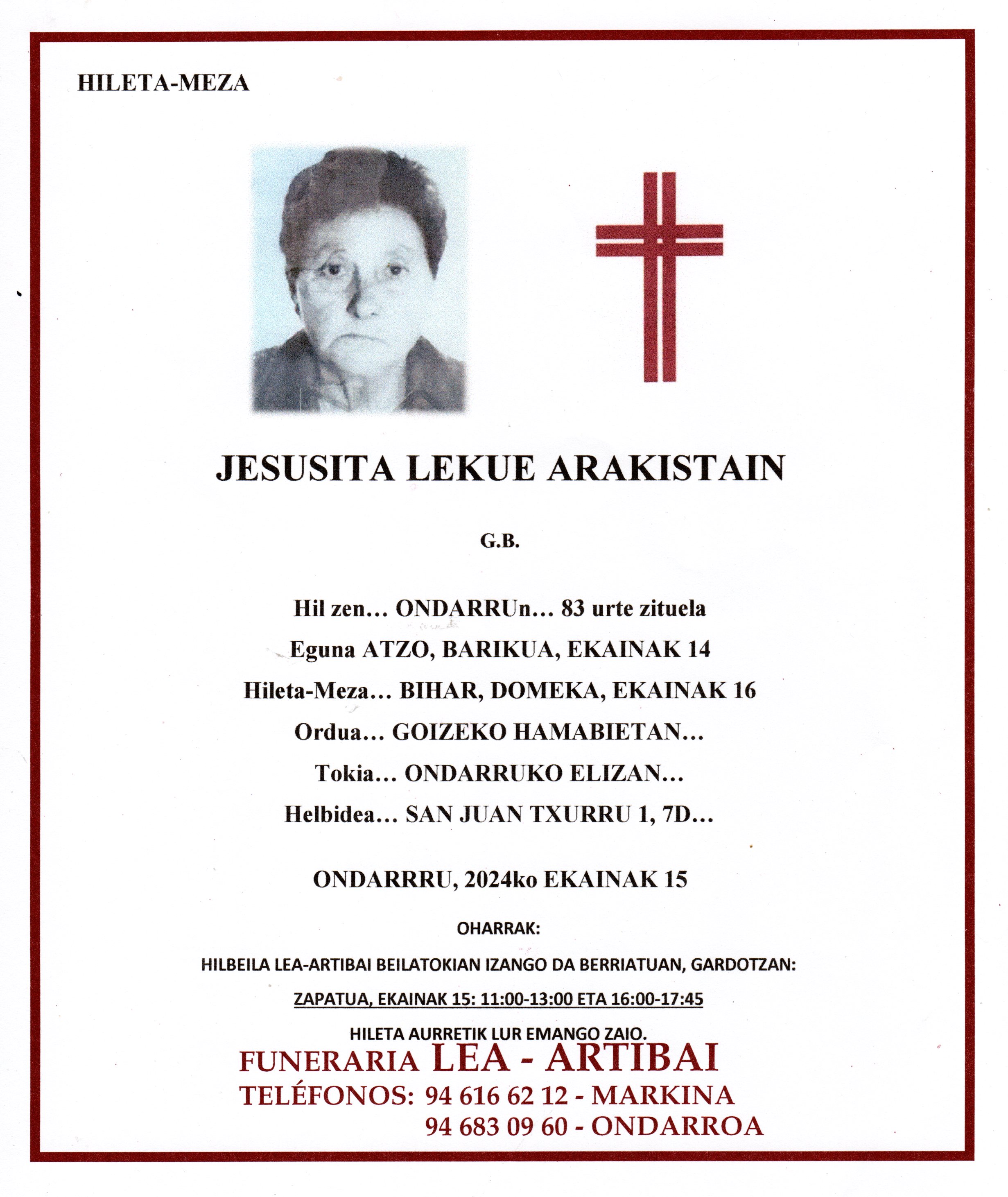 Esquela de Jesusita Lekue Arakistain