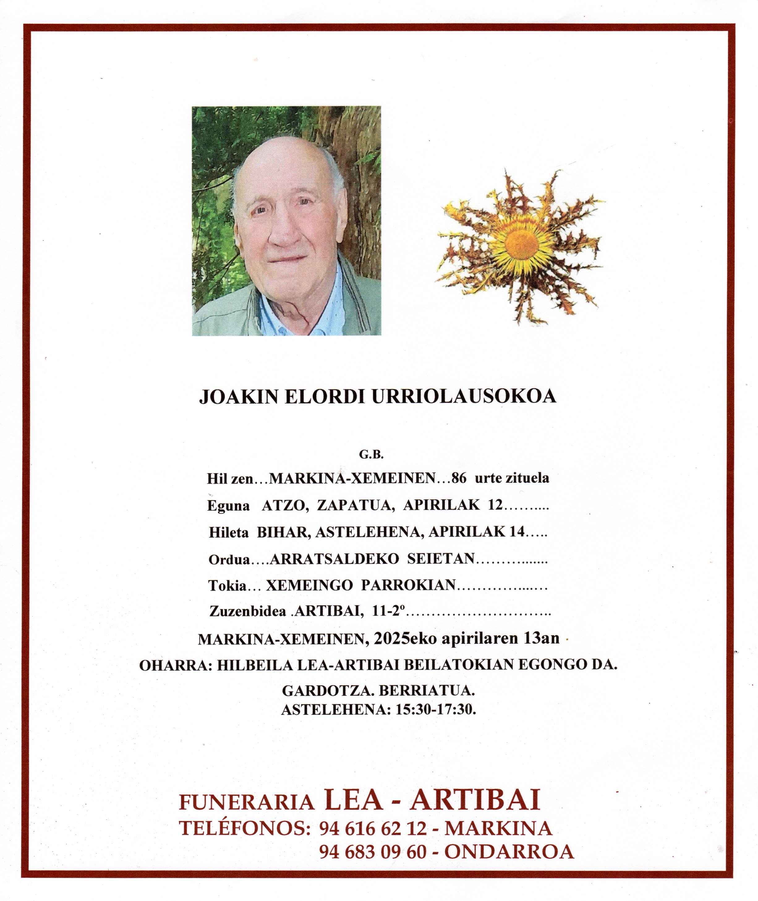 Esquela de Joaquin Elordi Urriolausokoa