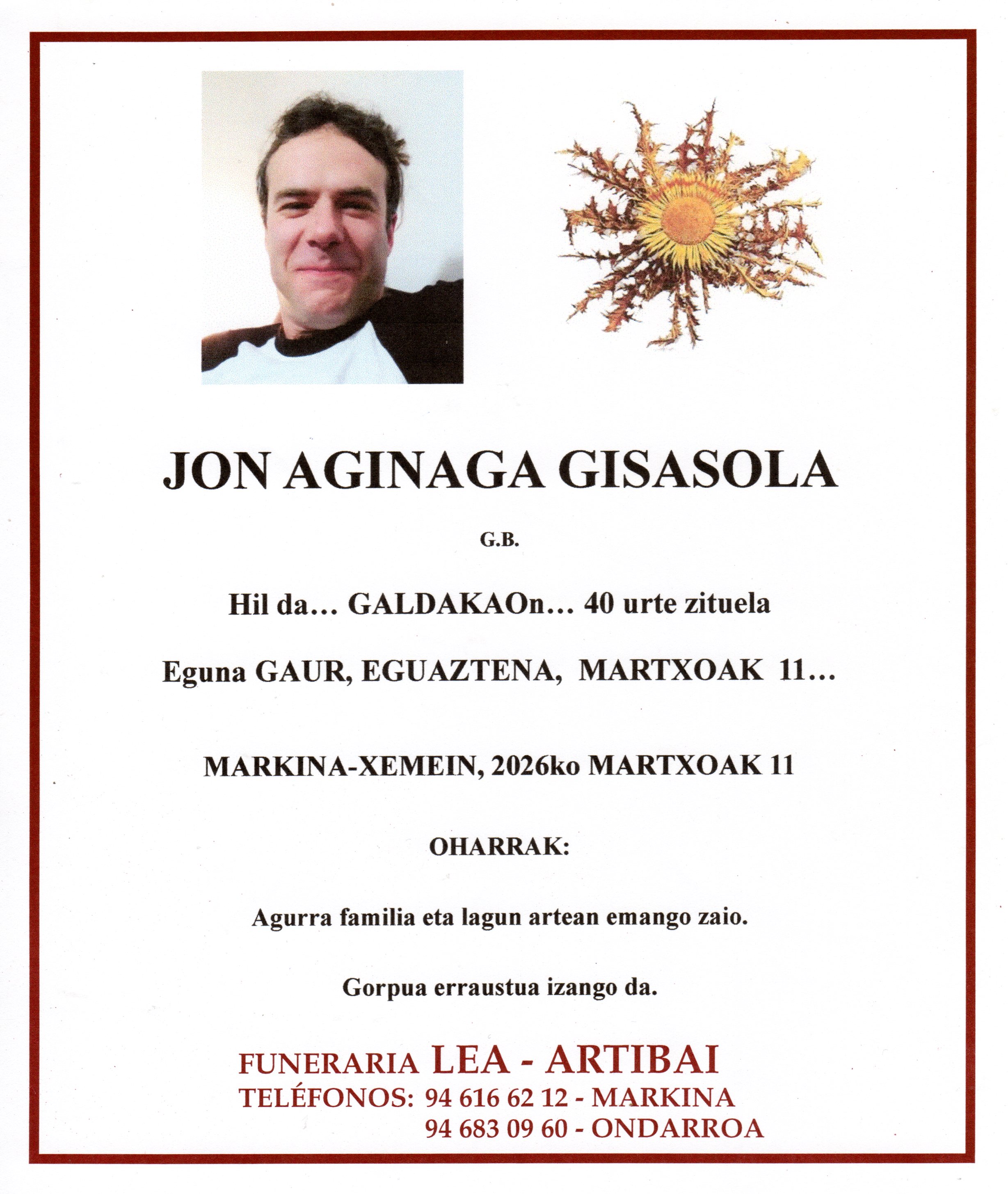 Esquela de Jon Aginaga Gisasola