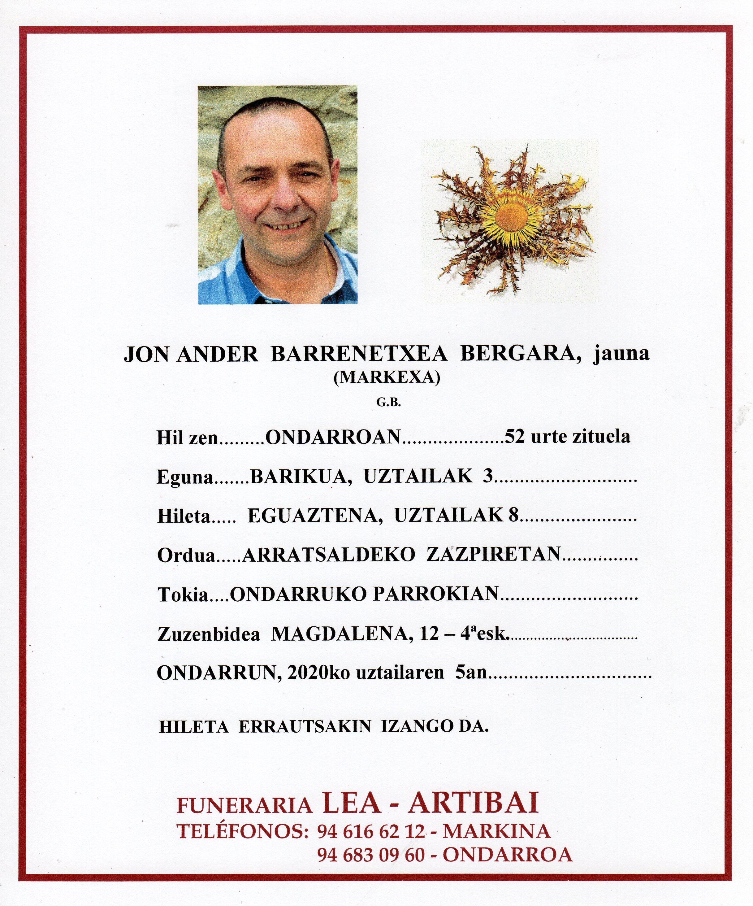 Esquela de Jon Ander Barrenetxea Bergara