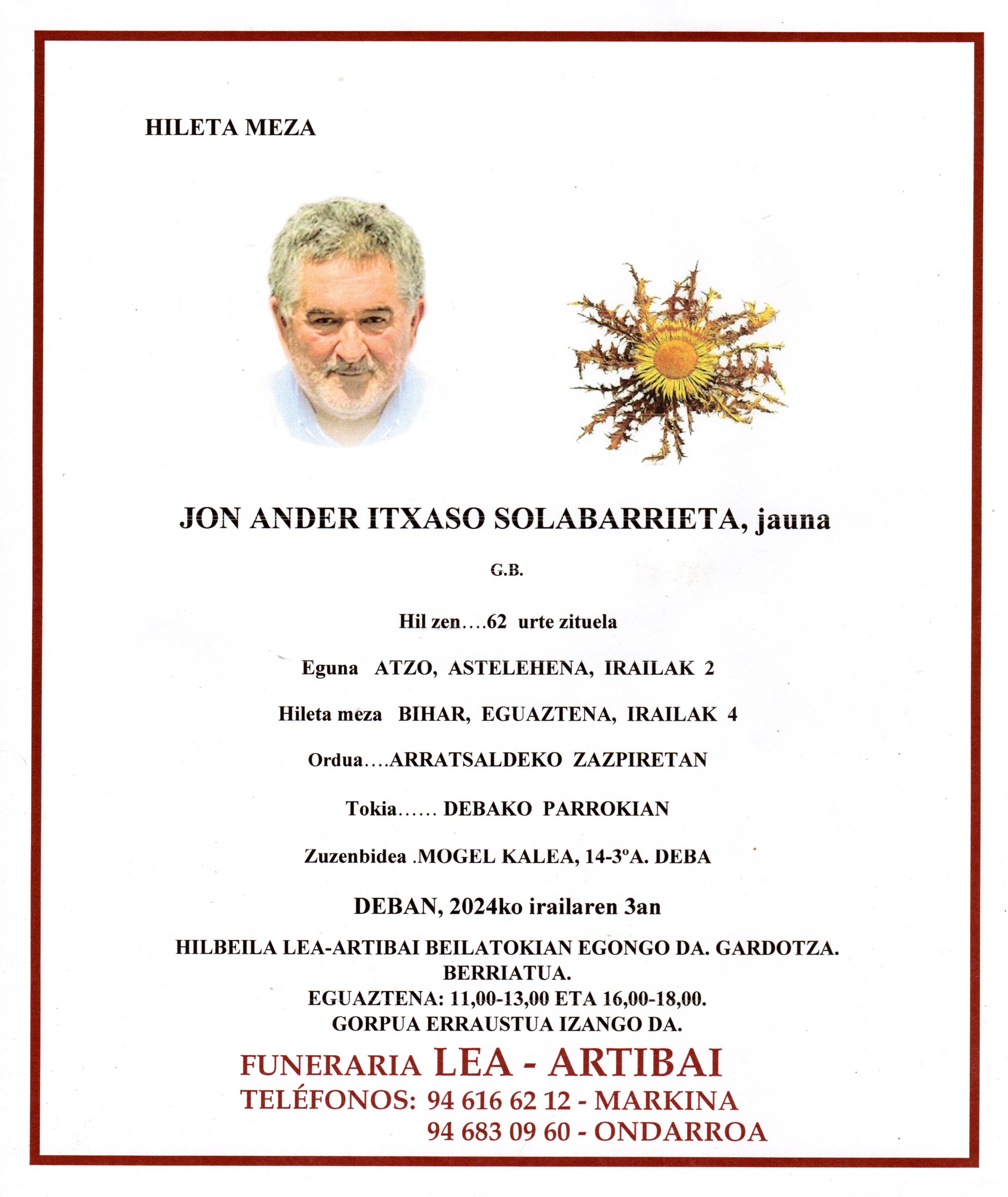 Esquela de Jon Ander Itxaso Solabarrieta