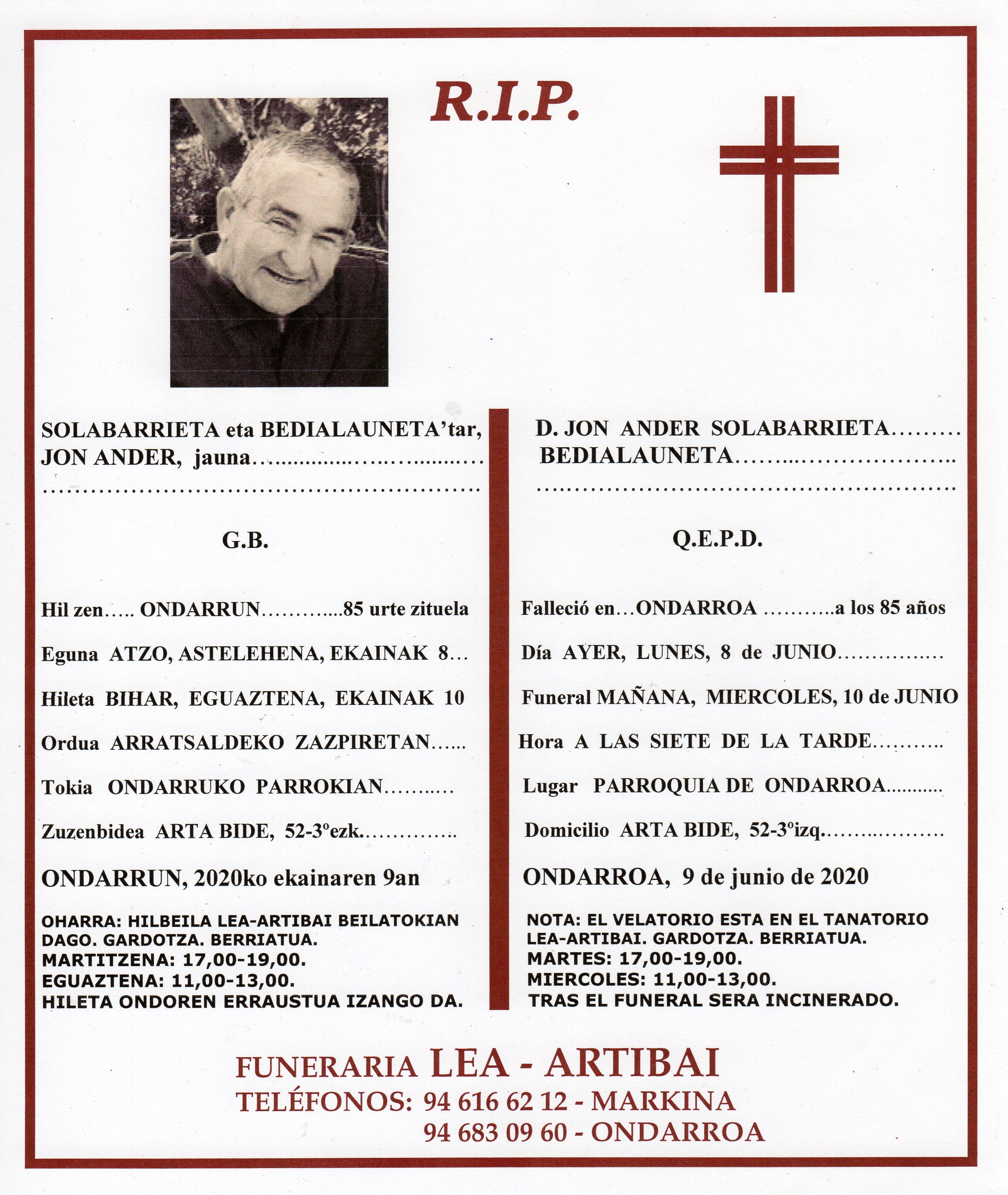 Esquela de Jon Ander Solabarrieta Bedialauneta