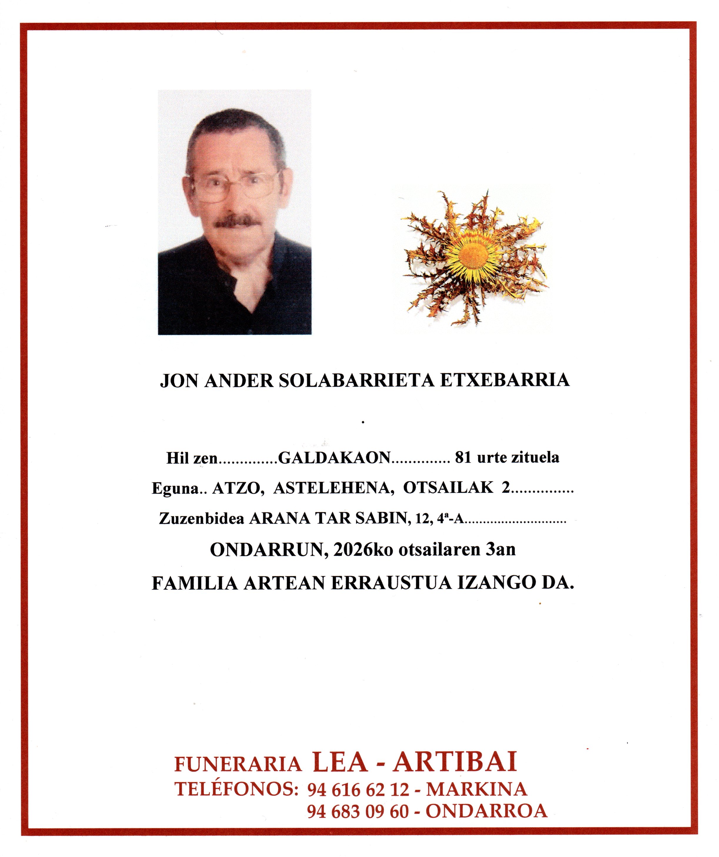 Esquela de Jon Ander Solabarrieta Etxebarria