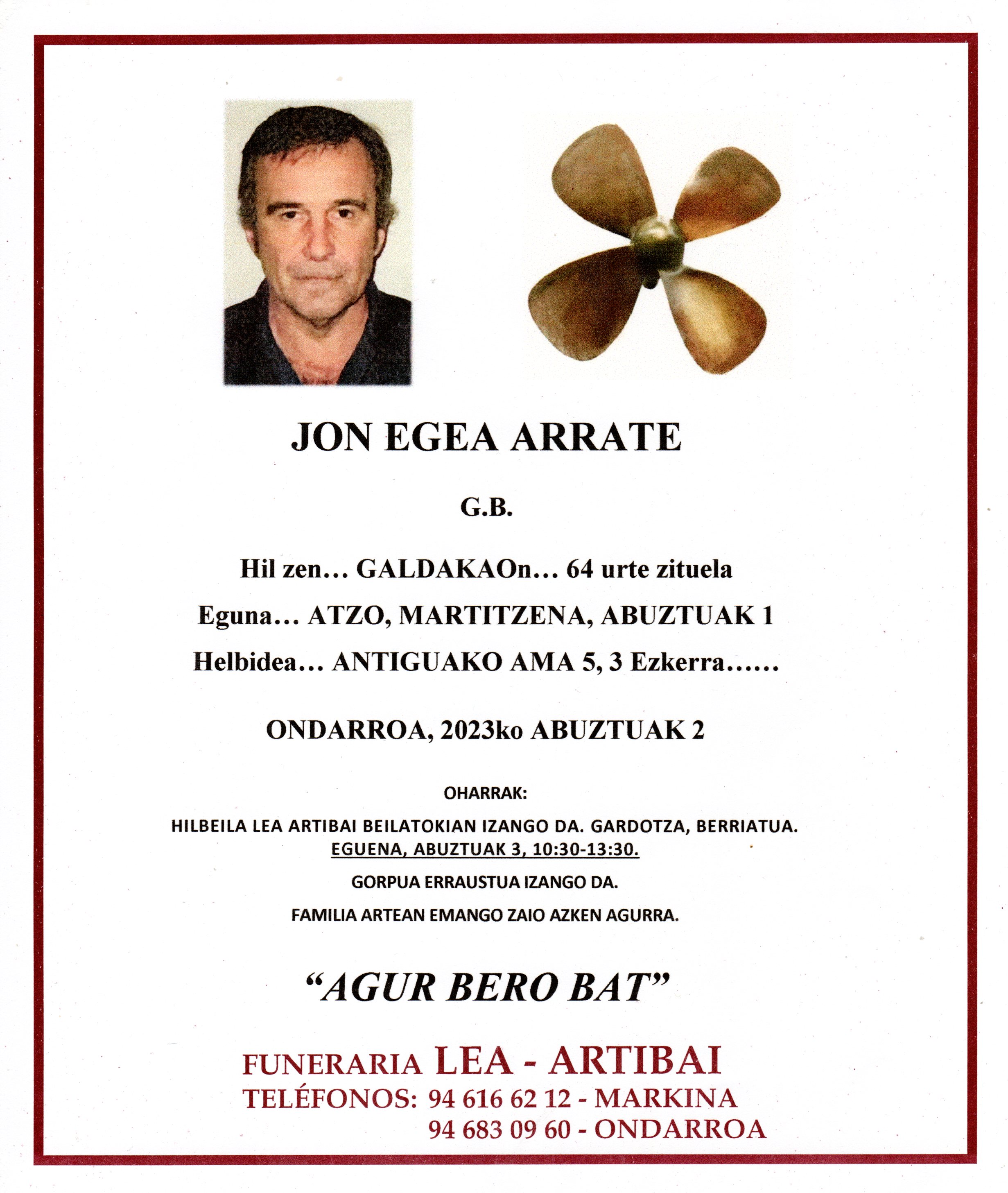 Esquela de Jon Egea Arrate