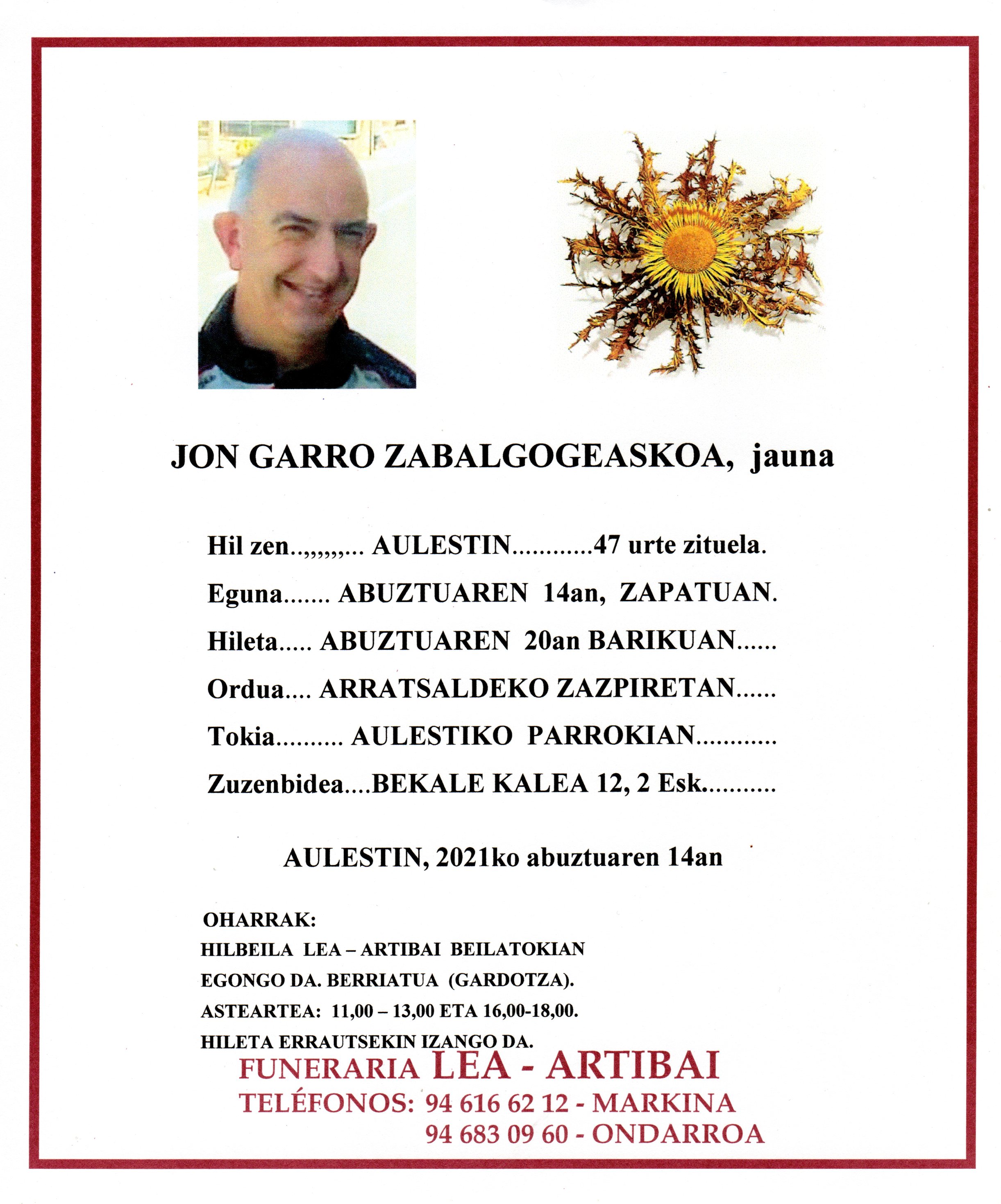 Esquela de Jon Garro Zabalgogeaskoa