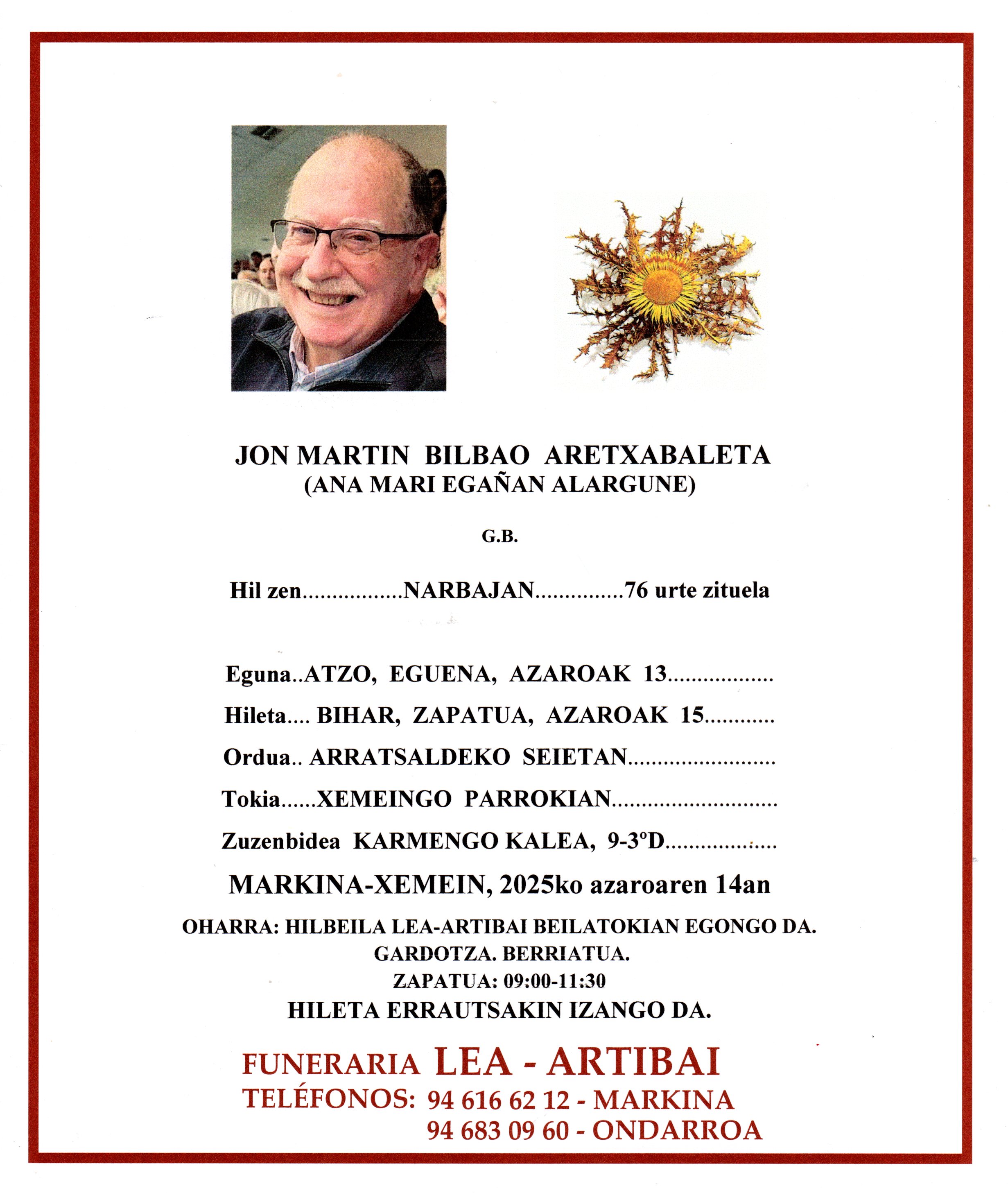 Esquela de Jon Martin Bilbao Aretxabaleta