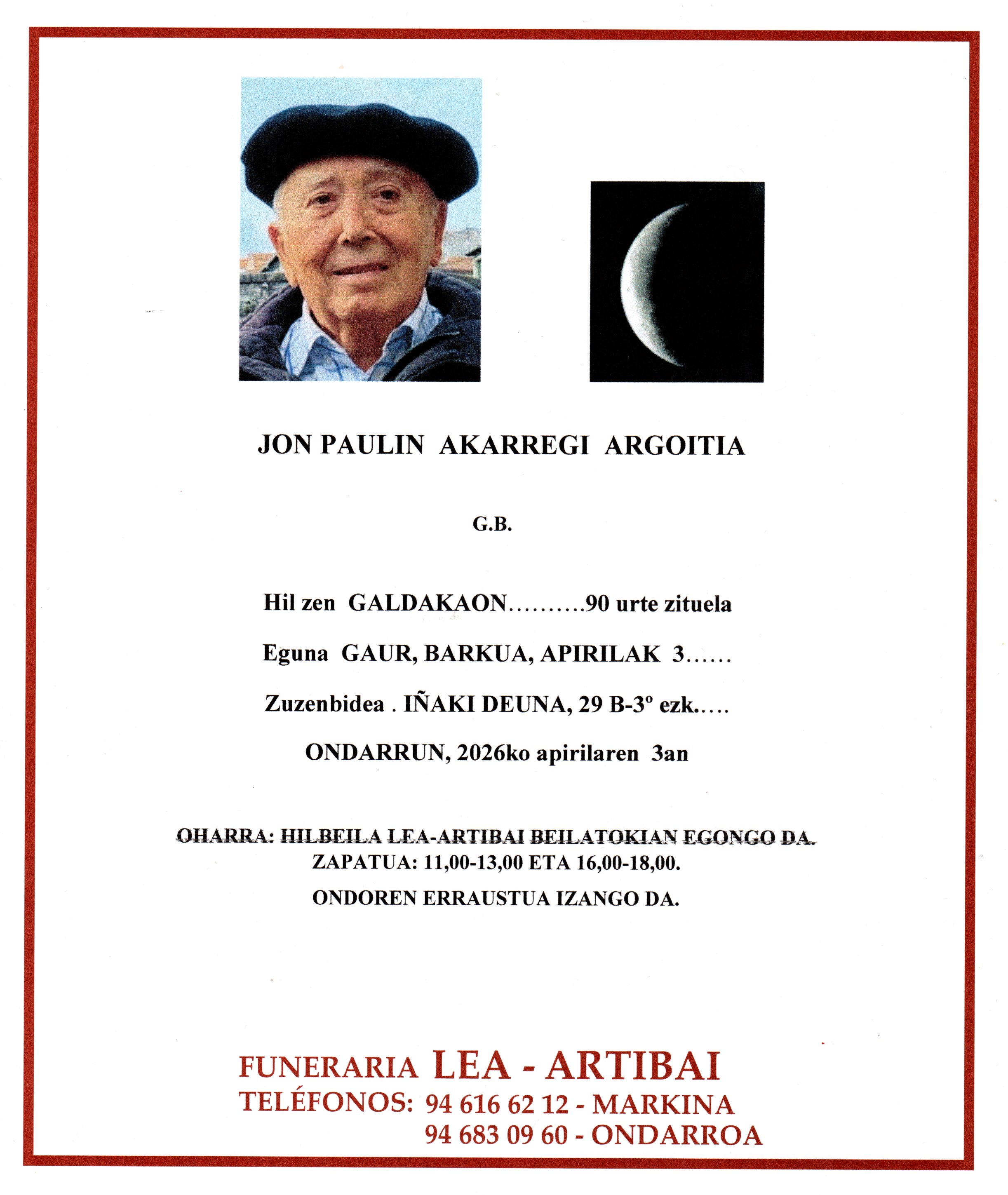 Esquela de Jon Paulin Akarregi Argoitia