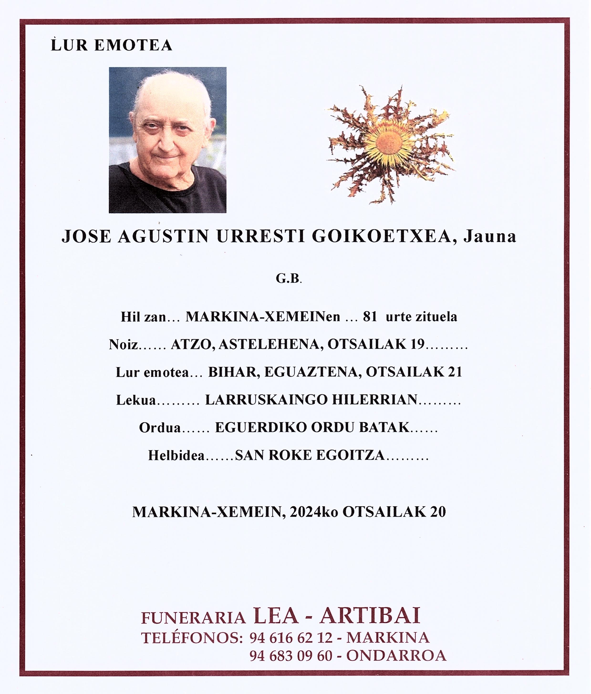 Esquela de Jose Agustin Urresti Goikoetxea